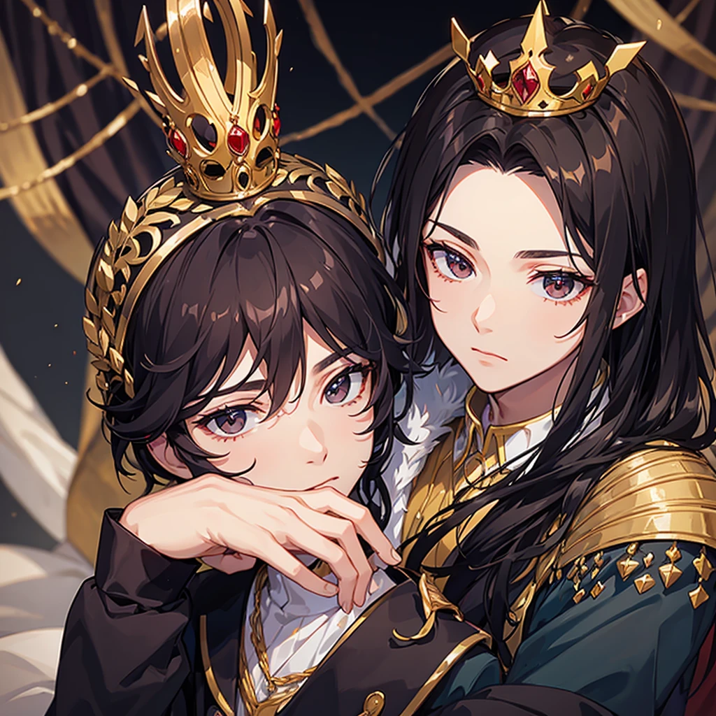 A young prince with a crown on his head with black hair and dark brown eyes