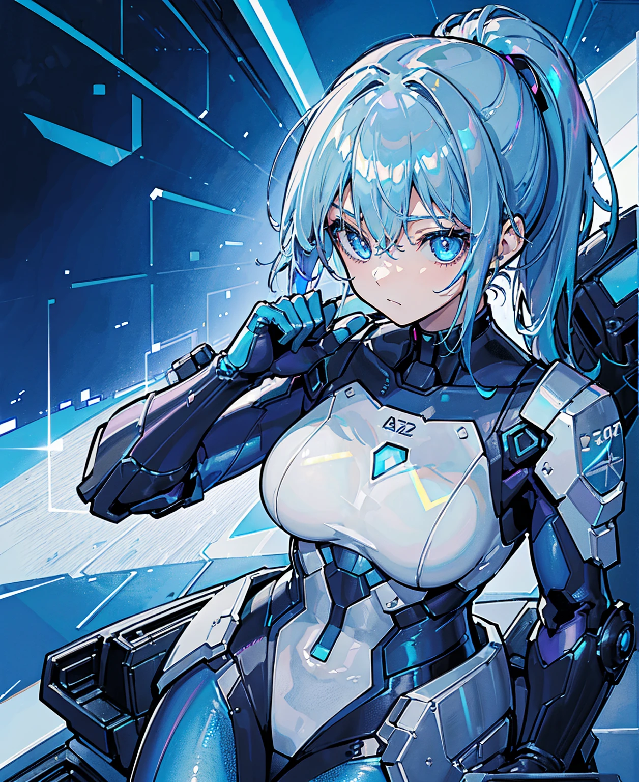 ((Holographic glow effect)),Blue Hair、Masterpiece、Best Quality、1 girl、Medium breast、((Album cover))、Light on Face、Slim Body、Blue Costume、Exoskeleton、metal Gear、Cyberpunk Style、ponytail、The Gundam pilot、attention arousal,Ride a fighter