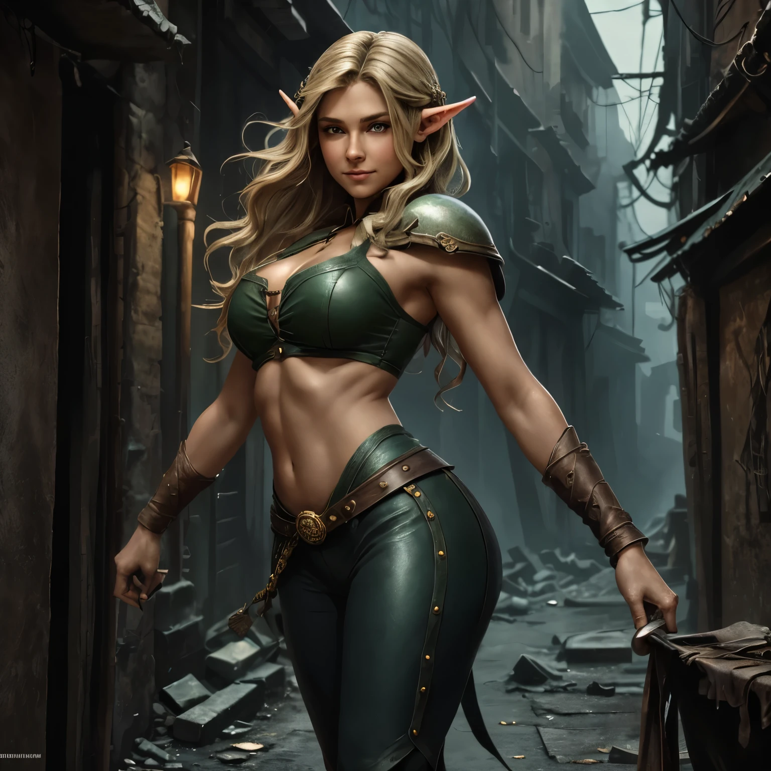 ((Medieval fantasy setting)). 1girl and 1man. 1 half-elf girl and 1 man in a dark alley in the city slums. Background: Dark and dirty and deserted alley in city slums. Gray shabby walls. "Echo is a 22-year-old half-elf. She has light brown skin. Thick light chestnut hair with caramel highlights and soft waves. Brown eyes with green hues. Her beautiful face is oval with soft features and pronounced cheekbones. She has full and attractive lips with a natural blush. A slight scar over her right eyebrow. Her ears are small like a human's but pointed like an elf's. Her physique is athletic and slim, she toned and flexible. She has a round and elastic body shapes. Light leather armor emphasizing her figure. Tight-fitting leather shorts highlighting her buttocks and athletic thighs, and a light blue silk shirt buttoned only a few buttons, leaving the cleavage and lower abdomen exposed. Her hair is braided." "Man, Gray shabby clothes, dirty and worn." Tags: pcoin in the air, half-turned, satisfied face, sexual forms, dominance, super detail, high details, high quality, best quality, highres, 4K, Cameltoe, Nipple Outline, Hard Nipples Pose: The man stands leaning against the wall and holding his crotch with one hand, with a disgusting smug smile and offering Eho a blowjob. Eho stands in front of him and holding a coin in her hand, slightly nodding her head, with a sly look and a slight mysterious smile. Camera: From the side, emphasizing both characters and their interaction. Background: Just a dark and dirty alley with no specific details. Tags: super detail, high details, high quality, best quality, highres, 4K