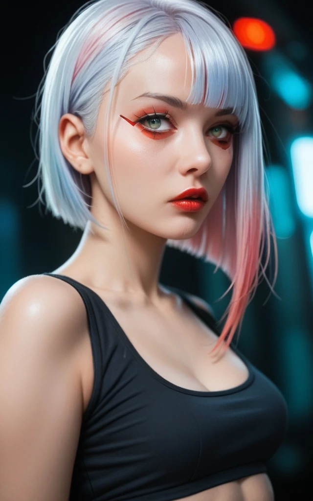 lucy \(cyberpunk\), wide angle, 1girl, hime cut, silver hair, colored tips, medium hair, multicolored hair, parted bangs, parted lips, pink hair, multicolored eyes, red eyeliner, red lips, crop top, cyberpunk \(series\)