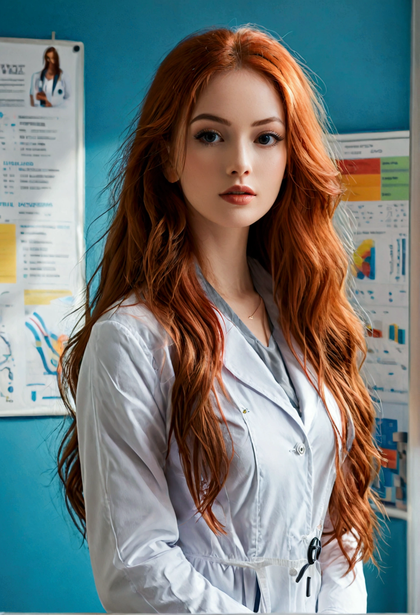 (full body shot:1.7) photorealistic image of a (standing pose:1.7) ultrarealistic, photography, long red hair, woman, 24 years old, hourglass figure, perfect body, Flirty look, natural medium breasts, blur background, wearing a doctors outfit, standing in a doctors office with a chart in her hands, she wears black high heels, long seductive legs, show legs, show her legs, long legs, show her feet, full body picture, full body shot, wide angle, wide angle shot, wide angle picture