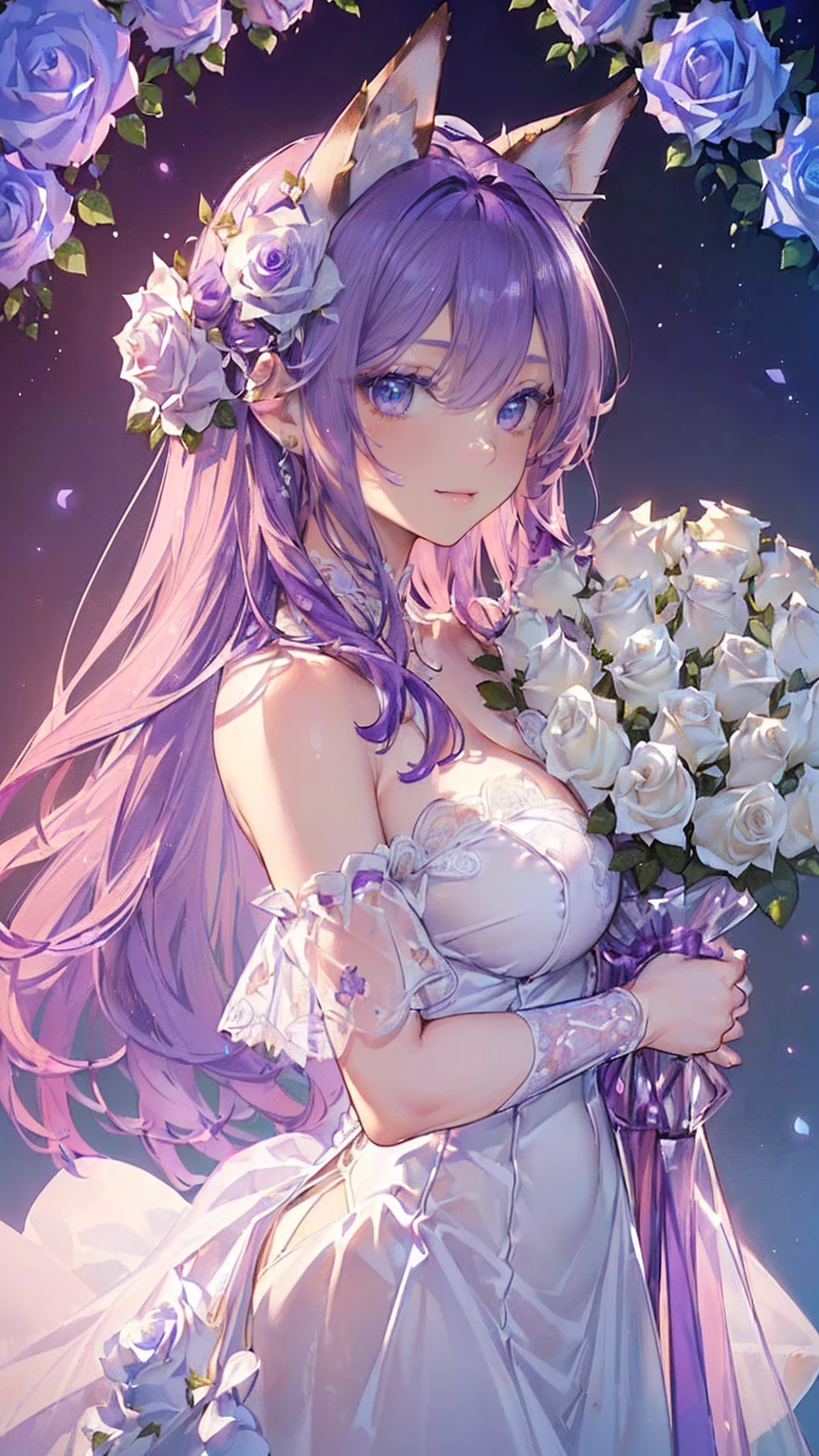 (((Masterpiece))), (((Highest quality))), ((Ultra-detailed)), ((Super fine illustration)), ((Ultra-fine painting)), (16K highest quality wallpaper:1.4), (Upper body:1.6), (Highly detailed and delicate illustration style:1.8), Detailed skin texture, Detailed cloth texture, Detailed rose flower texture, Extreme detailed description, (Highly detailed face:1.4), (Highly detailed beautiful and adorable Purple fox ears:1.2), (Highly detailed beautiful and shiny Purple hair:1.2), (Highly detailed beautiful and clear eyes:1.2), Original, Intricate details, Super details, Direct light:1.6, (Perfect anatomy:1.4), (Highly detailed hands:1.2), (Highly detailed fingers:1.2), (Highly detailed fingertips:1.2), (27-years-old), (Sexy), (Sexy), (Solo:1.6), ((A very beautiful and attractive Purple fox female fashion model:1.4))
BRAKE
(Beautiful and adorable Purple fox ears:1.6), (Highly detailed and delicate Purple fox ears:1.4), (Beautiful and well-shaped big breasts:1.2), (Beautiful and well-shaped buttocks), (Beautiful and shiny Purple hair:1.6), (Highly detailed and delicate Purple hair:1.4), (Beautiful clear blue eyes that shine with great detail:1.6), (Highly detailed and delicate blue eyes:1.2), (Highly detailed face:1.4), (Smile:1.4), (Looking at viewer:1.4), (Standing:1.4), (Celebration:1.4)
BRAKE
((A beautiful and gorgeous Off-the-shoulder and cleavage princess dress that is detailed and delicate to be worn at celebratory occasions:1.4))
BRAKE
((Holding in both hands a large bouquet of highly detailed and delicate ((white and pink roses)):1.6))
BRAKE
(Celebration:1.4), ((Highly detailed and delicate white rose flower and pink rose flower garden background:1.4), Highly detailed and delicate royal palace courtyard background in just after noon:1.4)
BRAKE