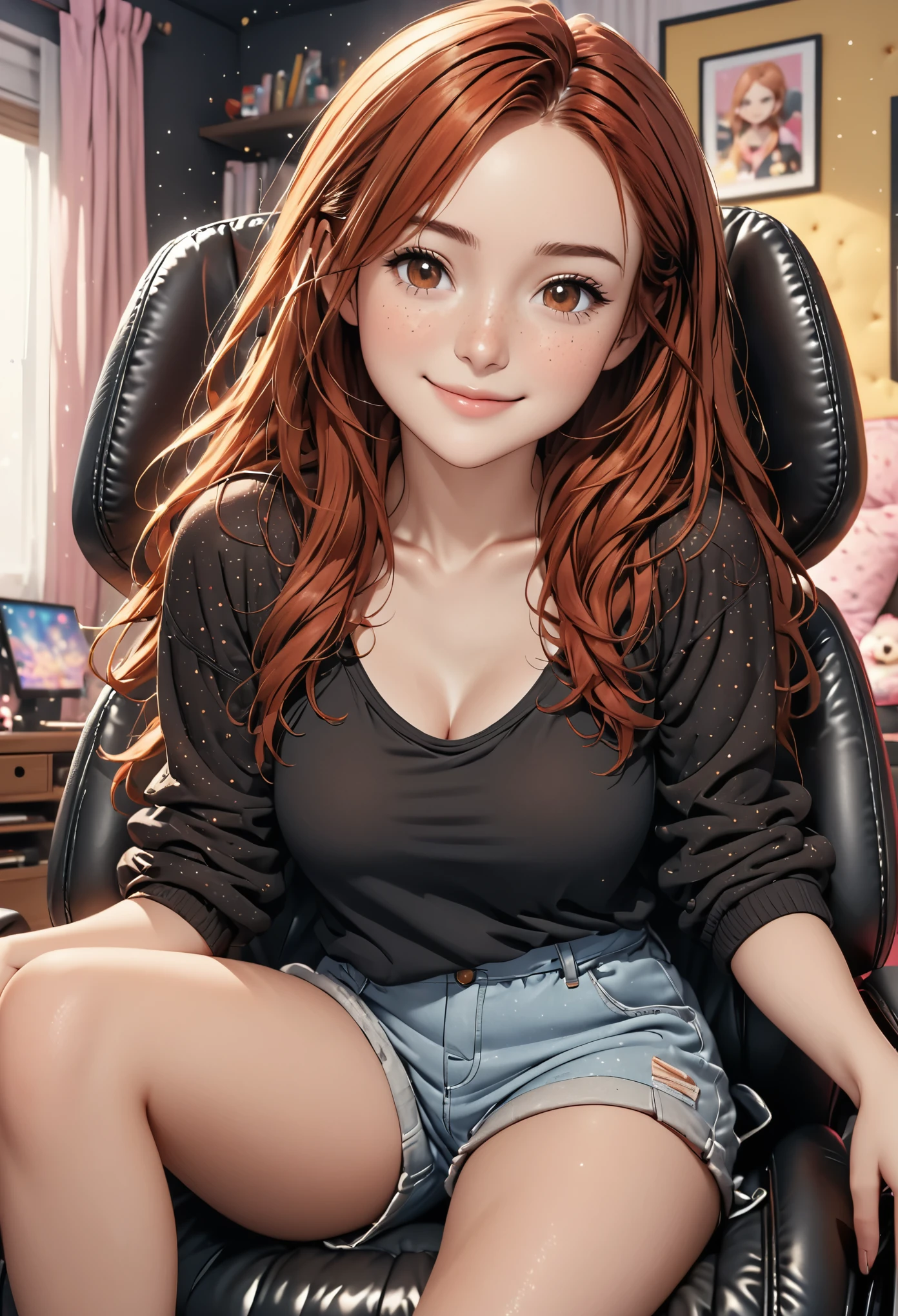 (young woman:1.4), (she wears cozy shorts and a black top), brown boots, long red hair, brown eyes, (smilie:1.4), detailed skin texture, realistic skin pores, freckles skin, skin impurities, sitting on a black gaming chair in a girly room, 24k resolution, highly detailed, (natural front light:0.5), (low angel shot:1.5)