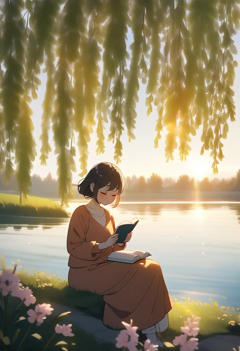 Girl reads a book by the lake, bright colors, spring, willow branches, comfort, warm sunlight