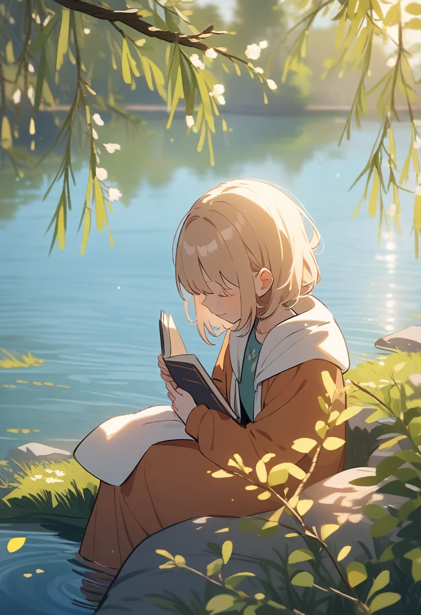 Girl reads a book by the lake, bright colors, spring, willow branches, comfort, warm sunlight