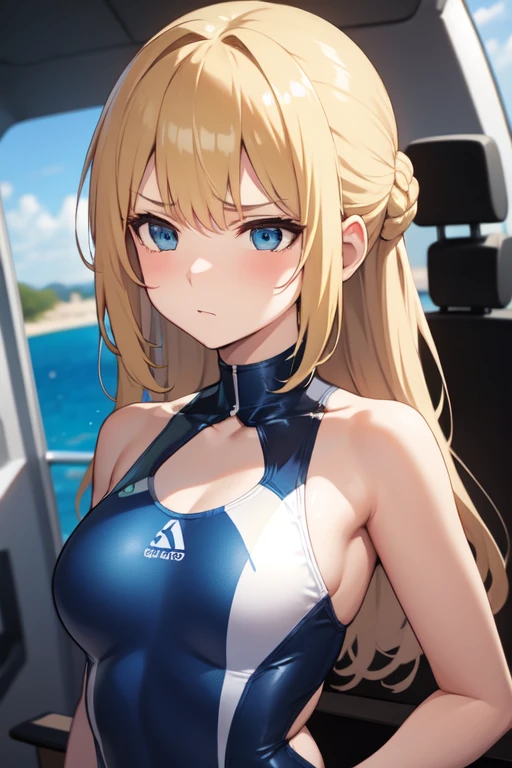 Sex, blonde, blue mesh, chignon, slender, sulky eyes, expressionless, swimsuit, whole body, rape, creampie