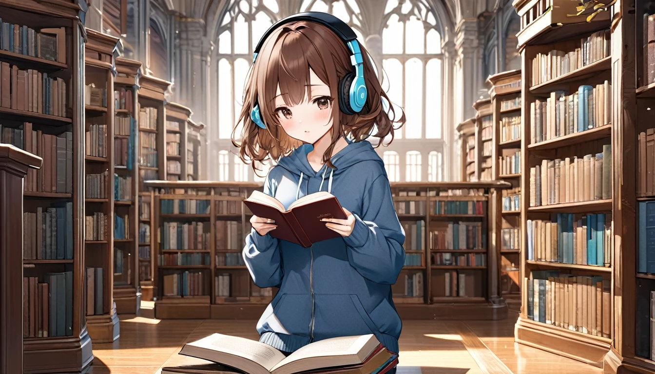Brown-haired girl wearing headphones、Quiet Library Highly detailed、masterpiece, Highest quality, Light background:Expressions in an old library:Concentrated reading outfit:Casual reading style pose:Reading a book:A silent library
(Detailed fingers), (Emotional), (Breathtakingly beautiful), (main part:1.2 Whole body), (Anime Style), (Very detailed), (超High resolution, High resolution), (8k), (Complex and beautiful: 1.2)