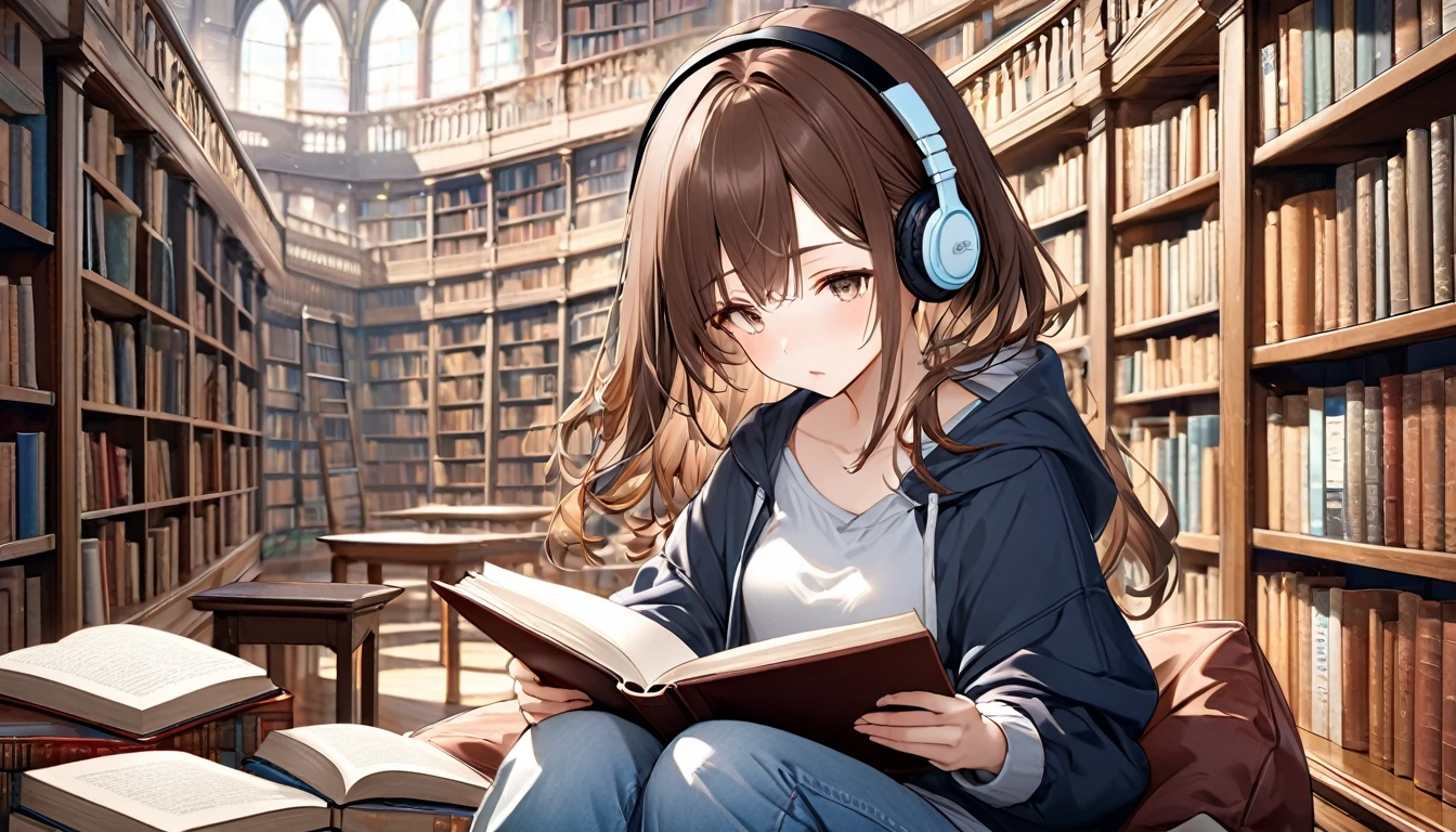 Brown-haired girl wearing headphones、Quiet Library Highly detailed、masterpiece, Highest quality, Light background:Expressions in an old library:Concentrated reading outfit:Casual reading style pose:Reading a book:A silent library
(Detailed fingers), (Emotional), (Breathtakingly beautiful), (main part:1.2 Whole body), (Anime Style), (Very detailed), (超High resolution, High resolution), (8k), (Complex and beautiful: 1.2)