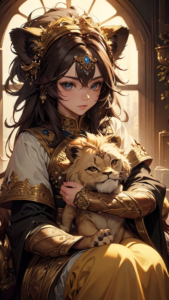 (masterpiece:1.4), (Highest quality:1.4), Fantasy,Extremely detailed, Complex, hyper detailed, Soft lighting,Cute Lion
