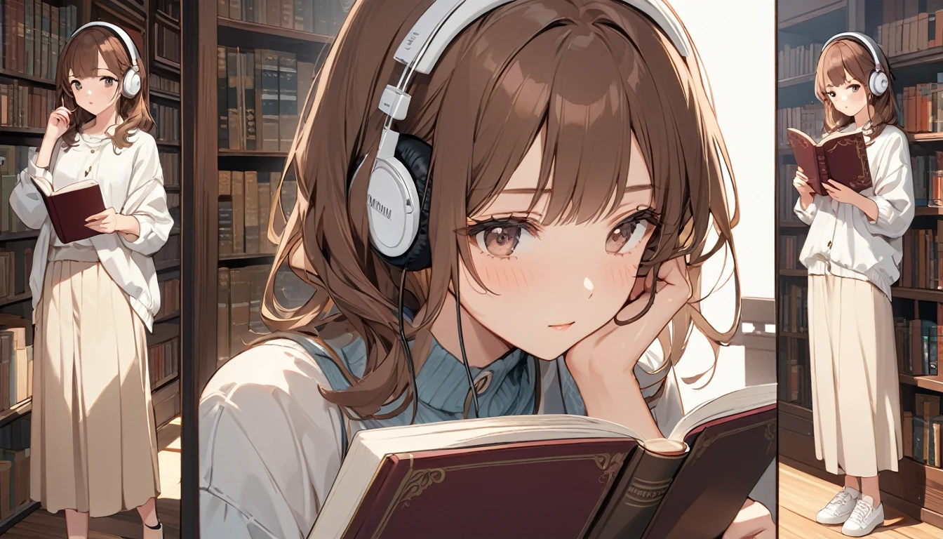 Brown-haired girl wearing headphones、Quiet Library Highly detailed、masterpiece, Highest quality, Light background:Expressions in an old library:Concentrated reading outfit:Casual reading style pose:Reading a book:A silent library
(Detailed fingers), (Emotional), (Breathtakingly beautiful), (main part:1.2 Whole body), (Anime Style), (Very detailed), (超High resolution, High resolution), (8k), (Complex and beautiful: 1.2)