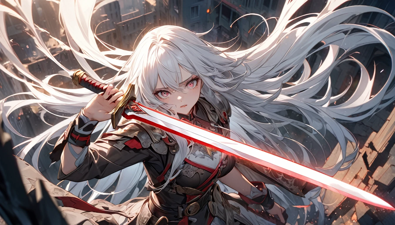 **137. One person。mysterious。Long-haired white-haired girl。Cowboy shot or close-up。
masterpiece, best quality, ultra detailed
(Detailed fingers), (Emotional), (Breathtakingly beautiful), (main part: 1.2 Whole body。), (Anime Style), (Very detailed), (Brutal), (超High resolution、High resolution), (8k), (High resolution: 1.2), (Complex and beautiful: 1.2)**
- background: In the heart of a ruined city、thunder roars。
- Long-haired white-haired girl: Delicately drawn combat uniforms、Sparkling Eyes。He has a huge sword in his hand。
- Effects: Electric energy emitted from the sword、Thunder echoes through the city。