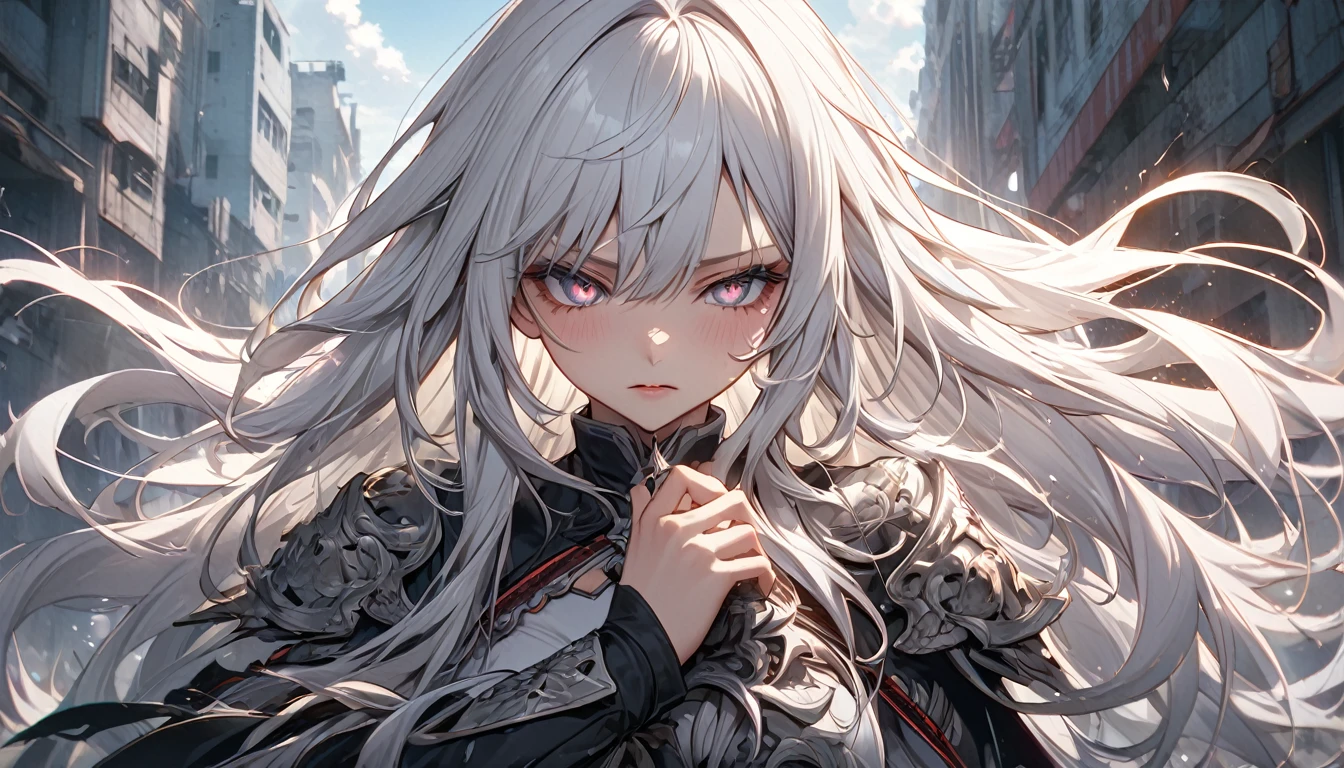 **137. One person。mysterious。Long-haired white-haired girl。Cowboy shot or close-up。
masterpiece, best quality, ultra detailed
(Detailed fingers), (Emotional), (Breathtakingly beautiful), (main part: 1.2 Whole body。), (Anime Style), (Very detailed), (Brutal), (超High resolution、High resolution), (8k), (High resolution: 1.2), (Complex and beautiful: 1.2)**
- background: In the heart of a ruined city、thunder roars。
- Long-haired white-haired girl: Delicately drawn combat uniforms、Sparkling Eyes。He has a huge sword in his hand。
- Effects: Electric energy emitted from the sword、Thunder echoes through the city。