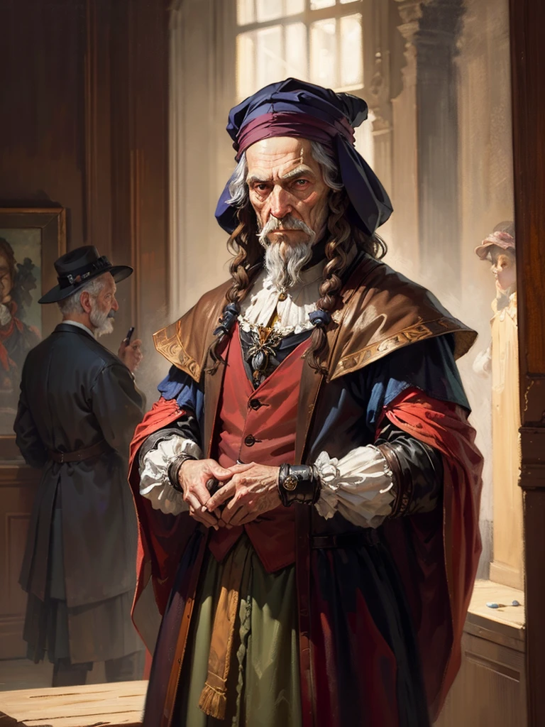 an oil painting,da vinci art style。old bad man , messy clothes,Guviz style artwork,,Artistic creativity:1.37,Sweet,Wonderful and magical,Exquisite,Natural soft light, eyes,
