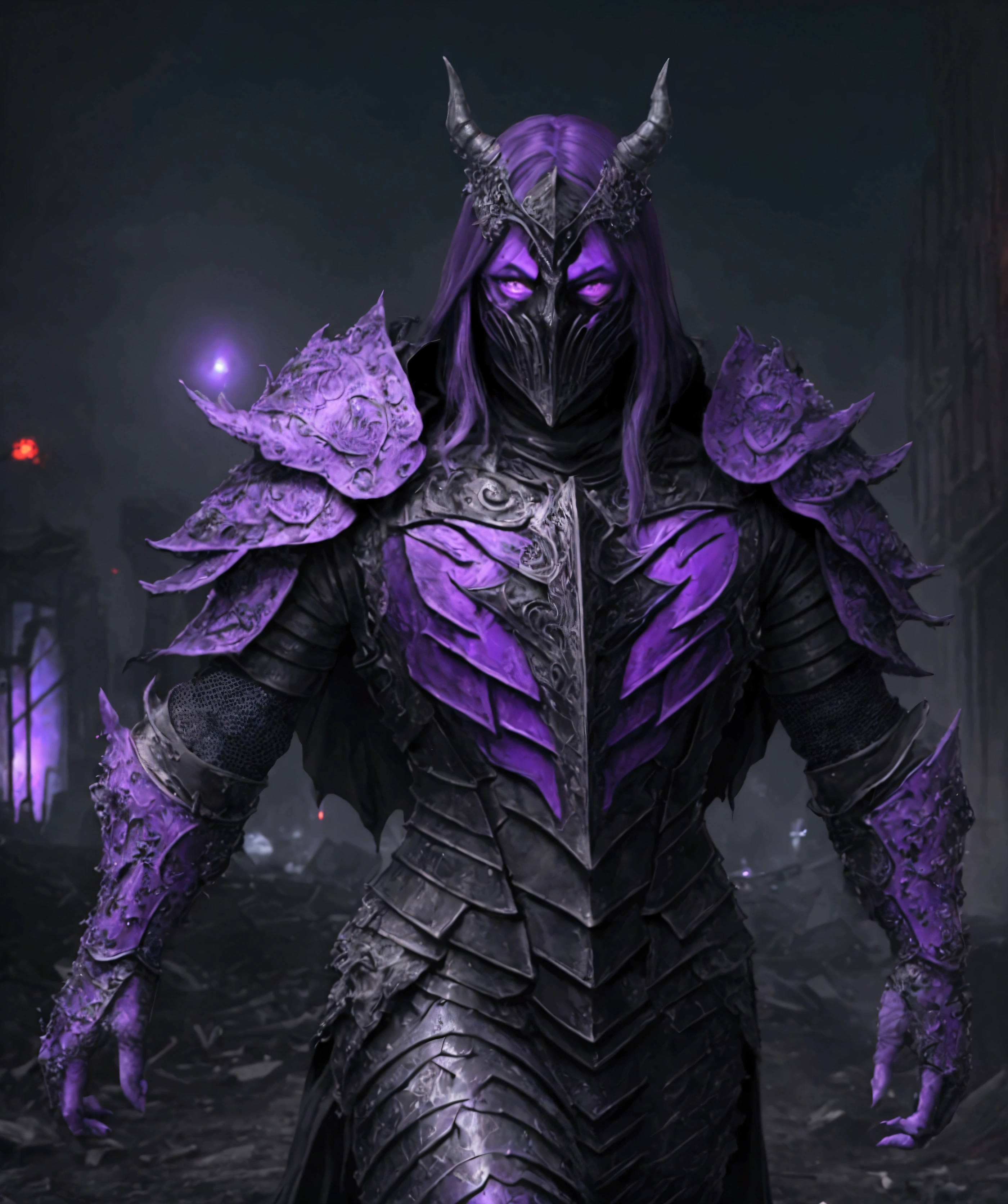 (extremely detailed 8k wallpaper), a medium shot photo of  Grim dressed as a scary masked krystal-supervillain in a textured armour made of all purple and bluecrystals glowing armour with textured details from marvel, theme, intricate, high detail, dramatic, big mud monster and destroyed buildings in the background