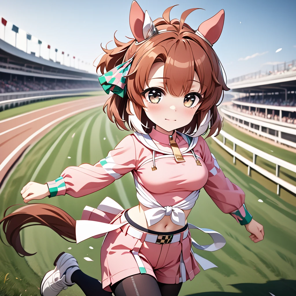 1girl,dantsu_flame\(umamusume\),,horse tail,horse ears, pink clothes,black pantyhose, midriff, belt, tied shirt, pink skirt, navel, solo, pink shirt, long sleeves, pink shorts,serious,sweat,closed mouth,grit your teeth, motion blur,(((running))),((dash)), sweat,smoke,(((turf))),motion lines, (((horse racing track))), (((chibi))),,ai-generated,,beautiful eyes,masterpiece,best quality,highres,4k,8k,