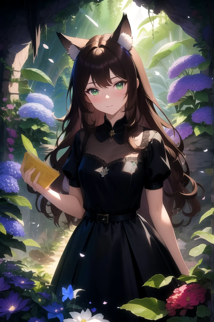 masterpiece, best quality, highres, 1girl, solo,
BREAK
depth of field, rim lighting, flowers, petals,
crystals, cave, butterfly, vegetation, aura, magic,
BREAK
raifu, brown hair, green eyes, wavy hair, cat ears, blush,
(medium breasts:0.8), mature female, short black dress