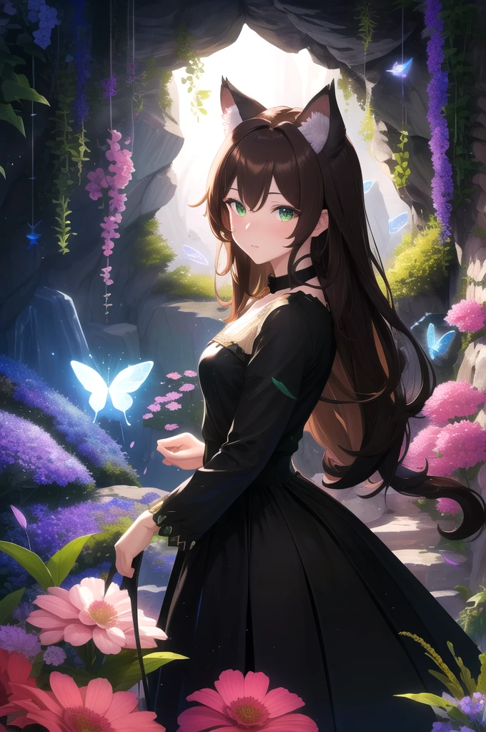masterpiece, best quality, highres, 1girl, solo,
BREAK
depth of field, rim lighting, flowers, petals,
crystals, cave, butterfly, vegetation, aura, magic,
BREAK
raifu, brown hair, green eyes, wavy hair, cat ears, blush,
(medium breasts:0.8), mature female, short black dress