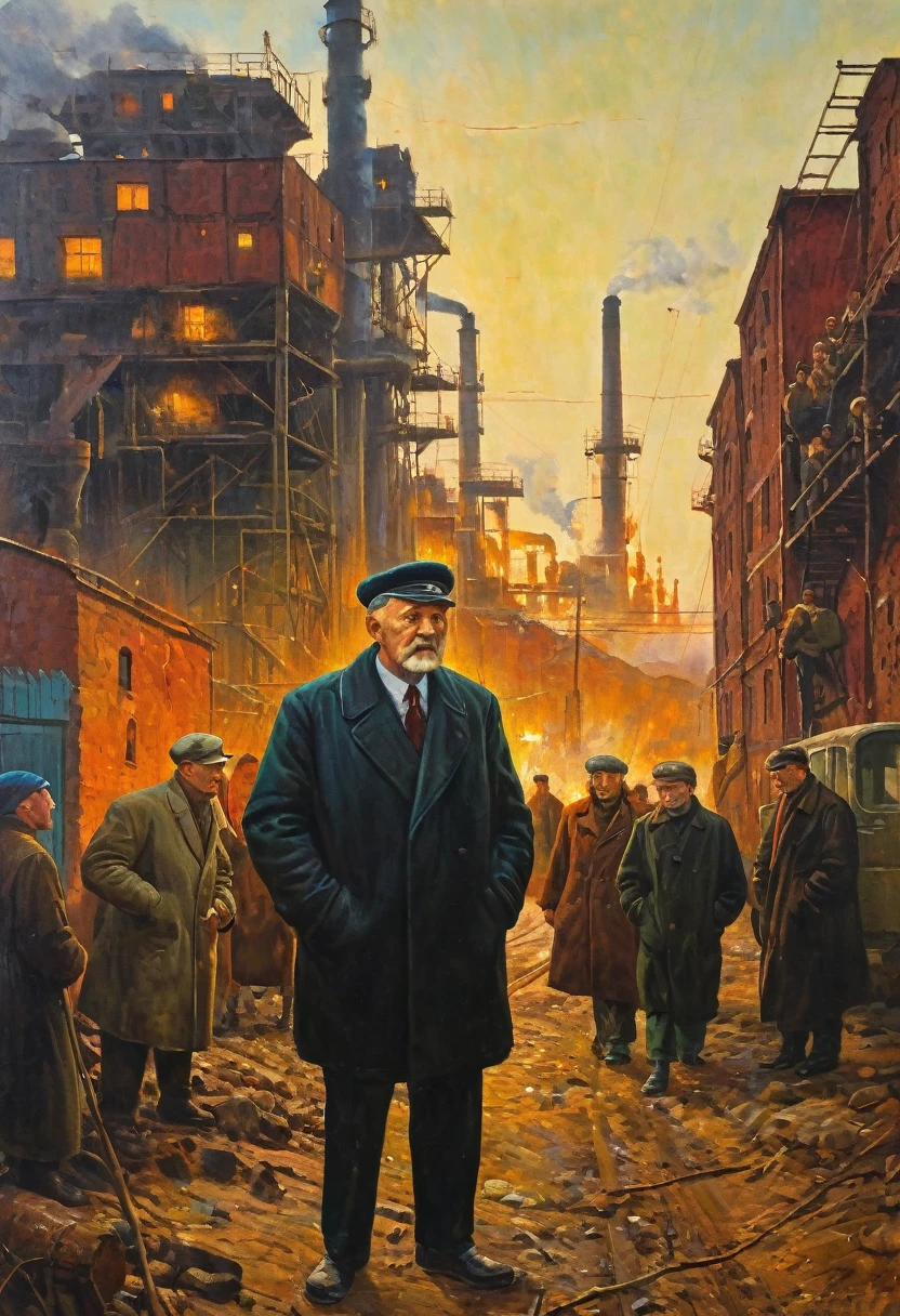 in the style of Vasya Lozhkin A painting depicting life, most likely, of some kind of industrial zone on the outskirts of a Soviet single-industry town. Grandfather is surrounded by scary and phantasmagoric characters. in the style of Vasya Lozhkin in the style of grotesque realism "socialist realism"