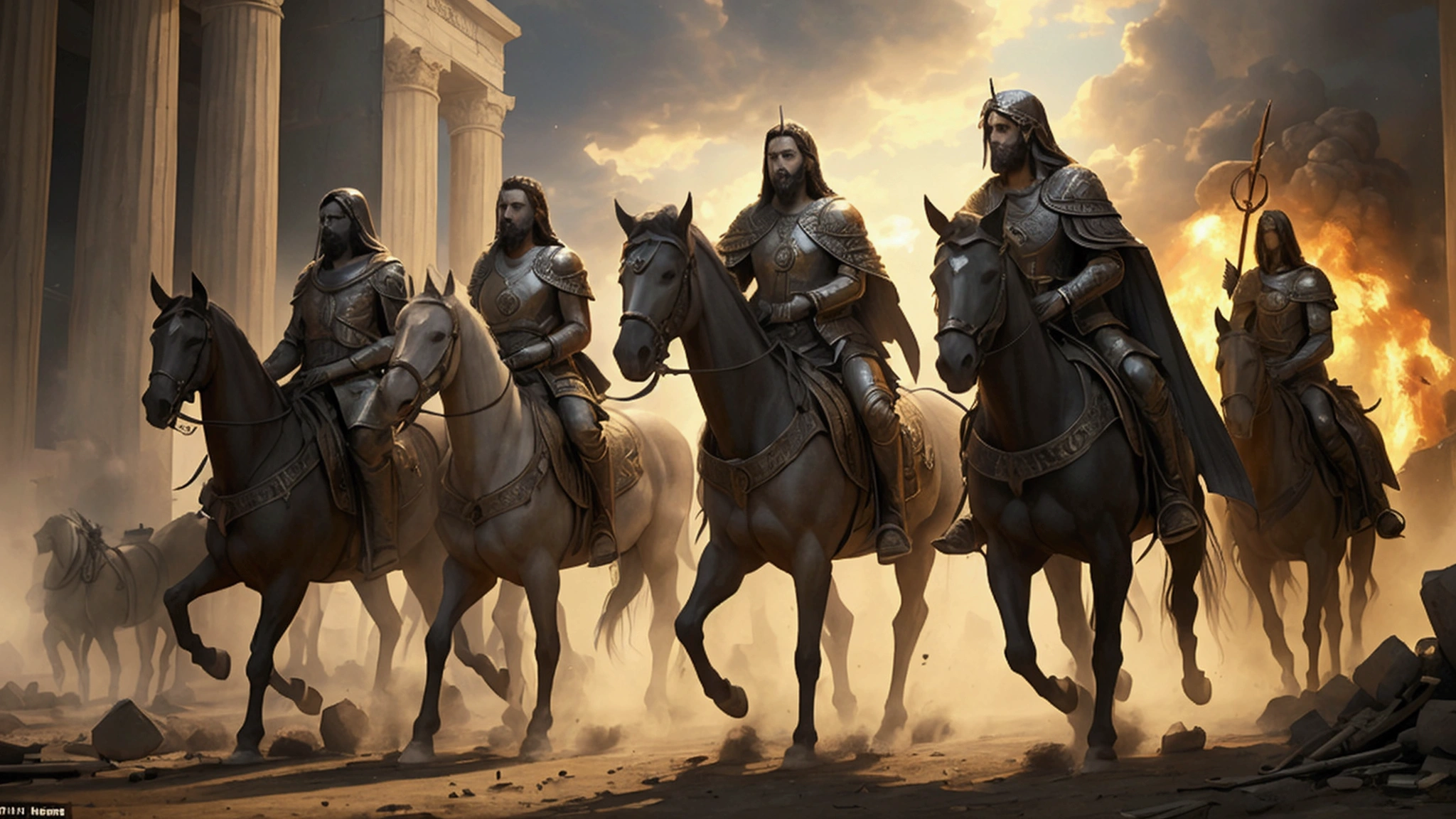 "Description: Create a scene that contrasts symbolic and literal interpretations of biblical prophecies about the apocalypse. Show visual representations of symbolic imagery from the Bible, such as the Four Horsemen, alongside real-world events that might be considered manifestations of these prophecies.
Details: Use a split-screen or layered composition to juxtapose symbolic biblical imagery with contemporary scenes of wars, natural disasters, and moral decay. Include elements such as artistic depictions of biblical symbols and real-world photos or illustrations. Show expressions of contemplation and debate on the faces of individuals, reflecting the ongoing discussion about the nature of these prophecies."