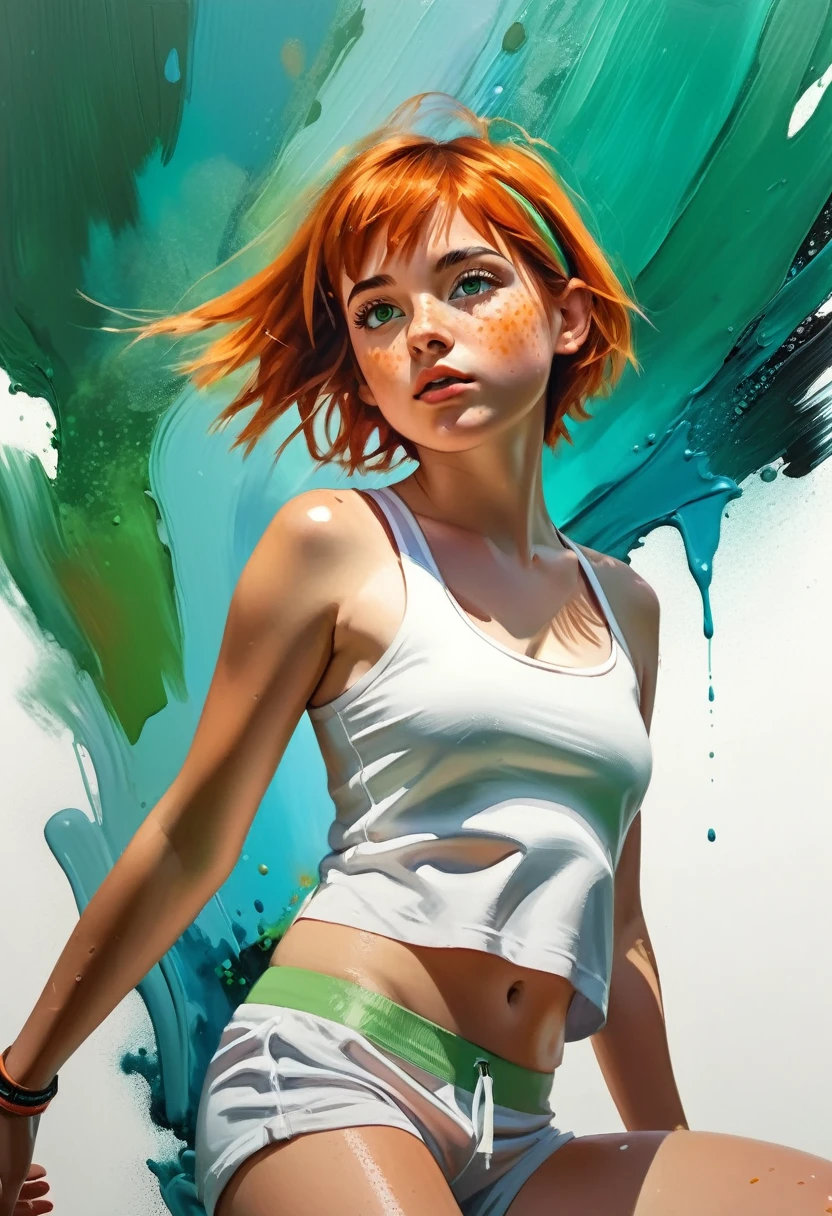 (Low angle shot)young girl Isabelmoner-smf Dora), (((down view))) (a glance at the low camera). (Hyperrealistic), Very short orange hair, green eyes, Freckles, Cute white Tank top, Mini Shorts, Sports, Sweaty, Medium Breasts, Aesthetics, ((oil painting)), (headband:0.75),(turquoise:0.2),(orange:0.2), (Jeremy Mann:0.5), (John Constable:0.1),(El Greco:0.5),(rough strokes of acrylic paint:0.75), 8K