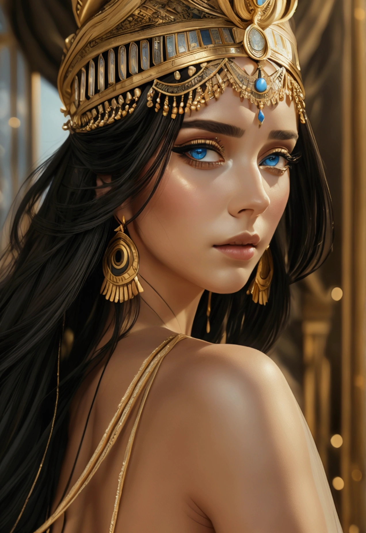 eautiful girl looking back over her shoulder, cleopatra inspired outfit, extremely sensual, sheer fabric revealing panties, detailed face and eyes, porcelain skin, flowing hair, elegant posture, dramatic lighting, cinematic composition, rich colors, digital art, photorealistic, (best quality,4k,8k,highres,masterpiece:1.2),ultra-detailed,(realistic,photorealistic,photo-realistic:1.37)