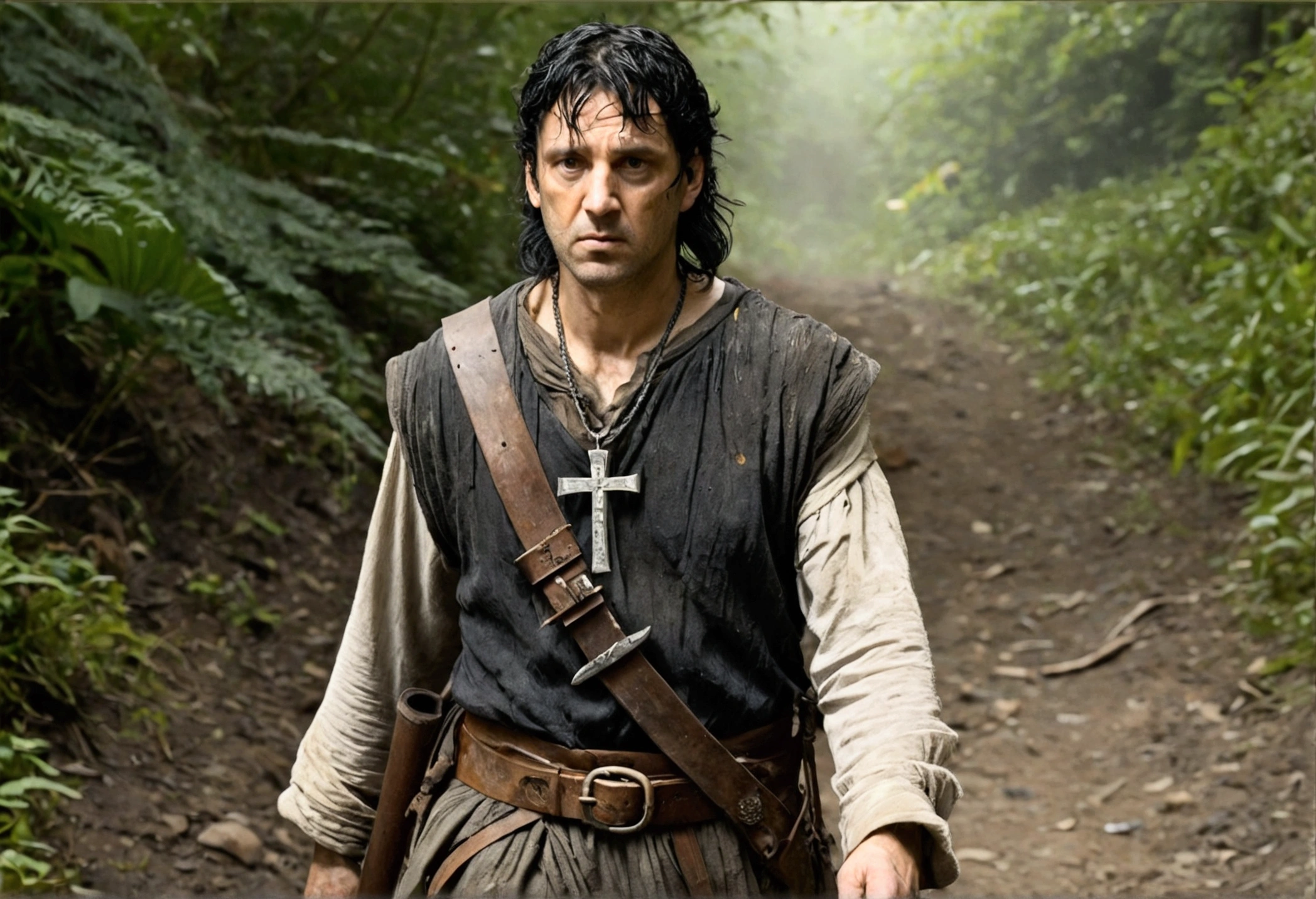 A 40ish man, (bedraggled, black hair, brown eyes, dirty and dingy, european features, dirty worn clothing, tabard with christian markings, assorted holy symbol necklaces dagger and mace on belt) walking a trail