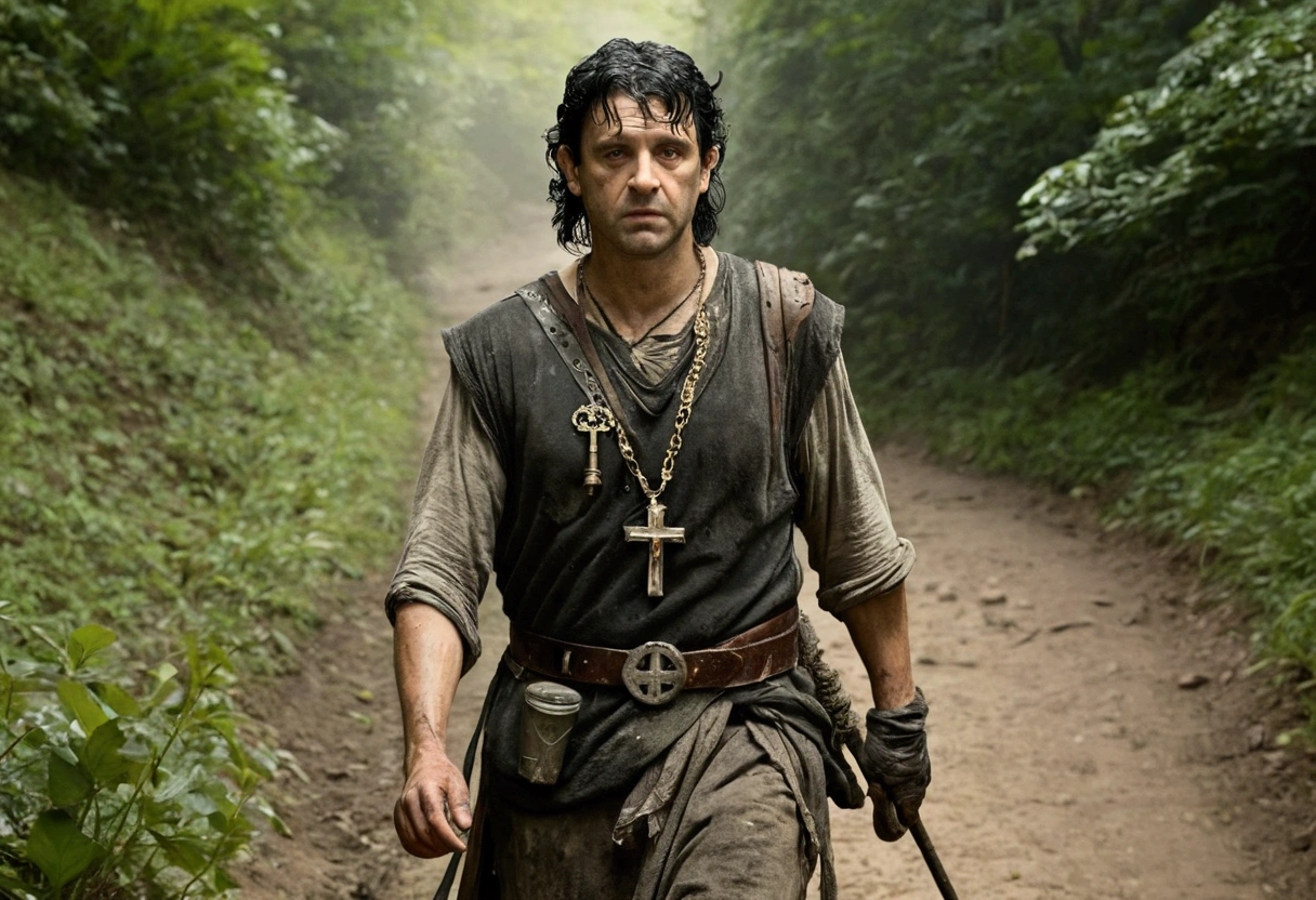 A 40ish man, (bedraggled, black hair, brown eyes, dirty and dingy, european features, dirty worn clothing, tabard with christian markings, assorted holy symbol necklaces dagger and mace on belt) walking a trail