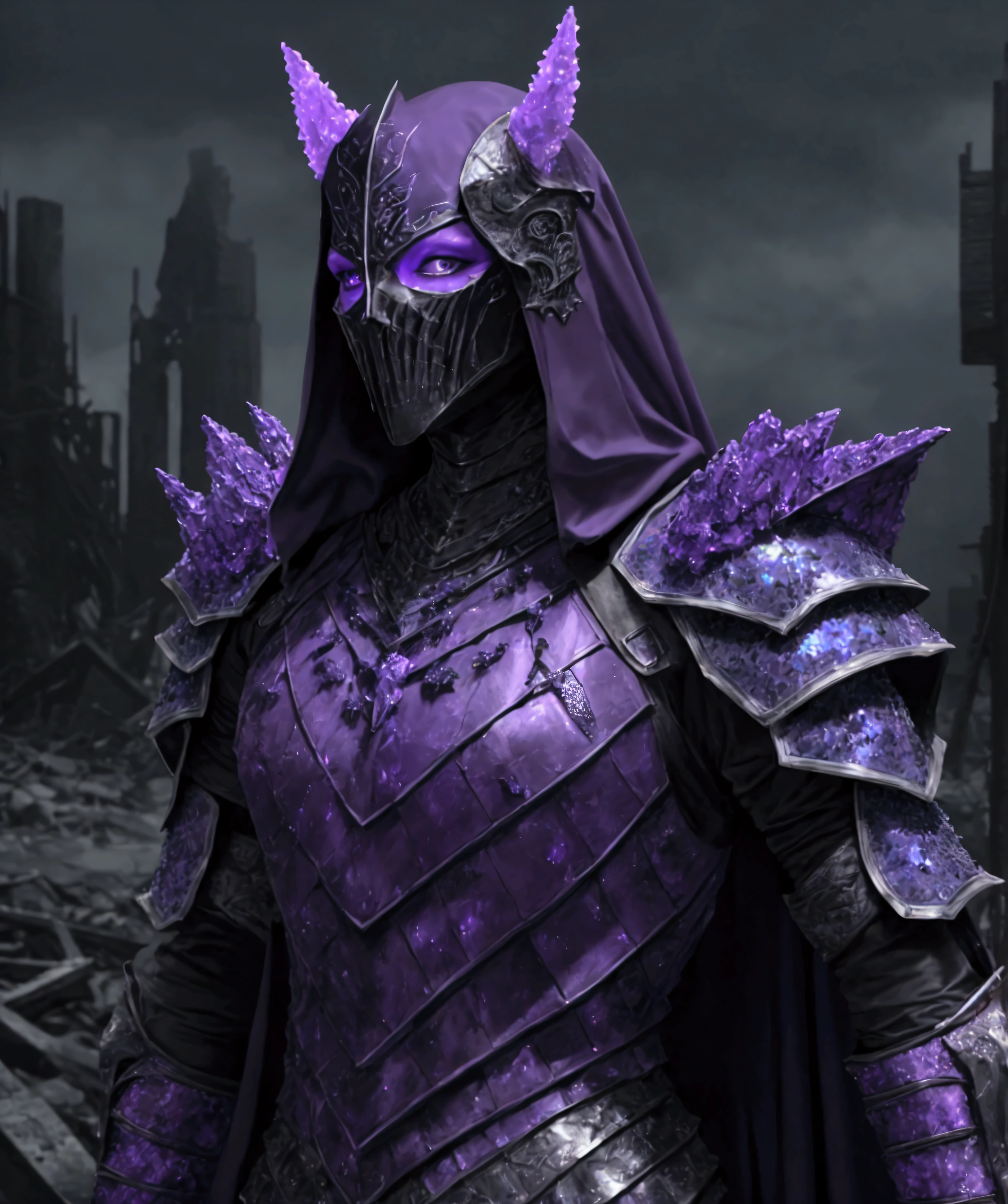 (extremely detailed 8k wallpaper), a medium shot photo of Grim dressed as a scary masked krystal-supervillain in a textured armour made of (purple and blue crystals) glowing armour with textured details from marvel, theme, intricate, high detail, dramatic, big mud monster and destroyed buildings in the background