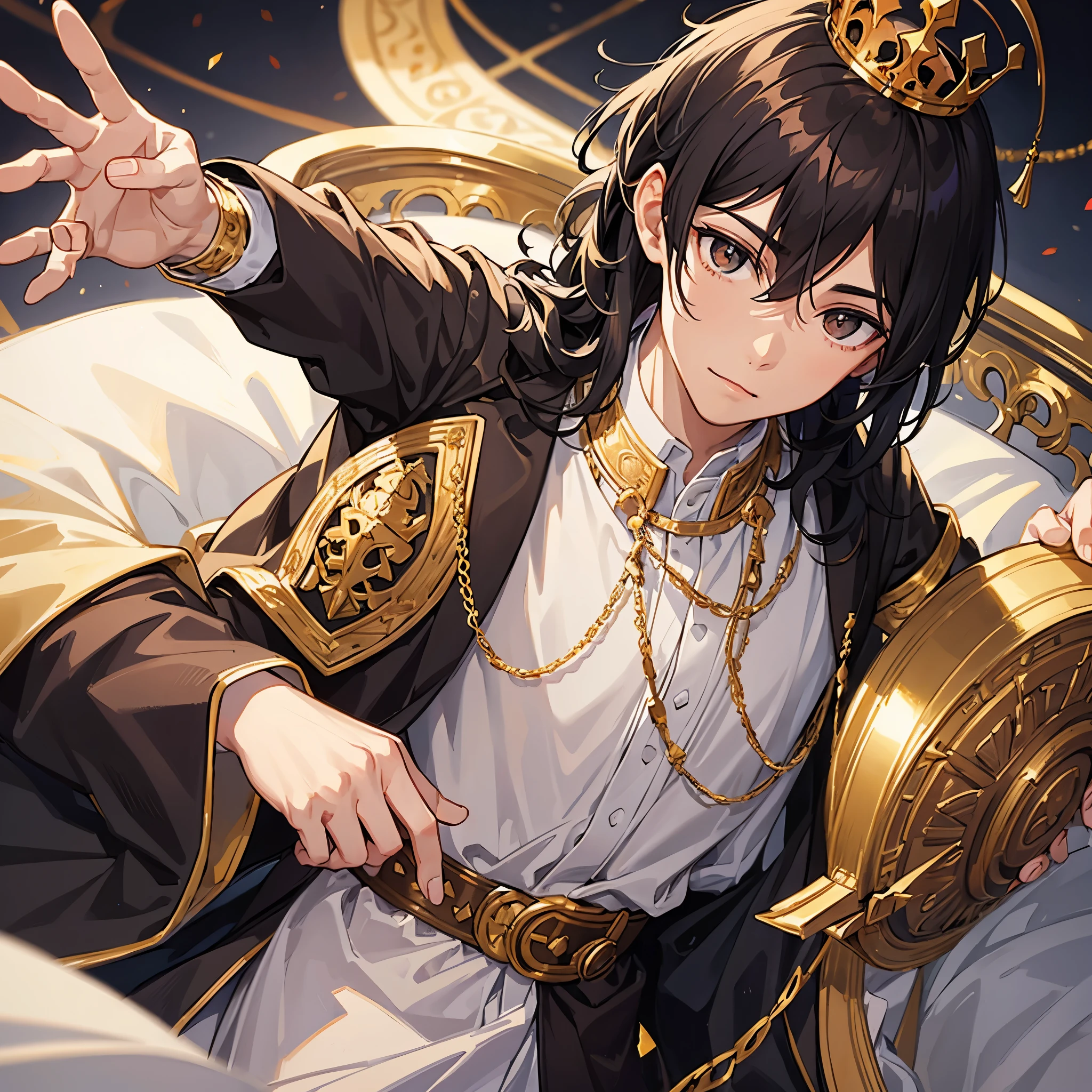 A young prince with a crown on his head, black hair and dark brown eyes 