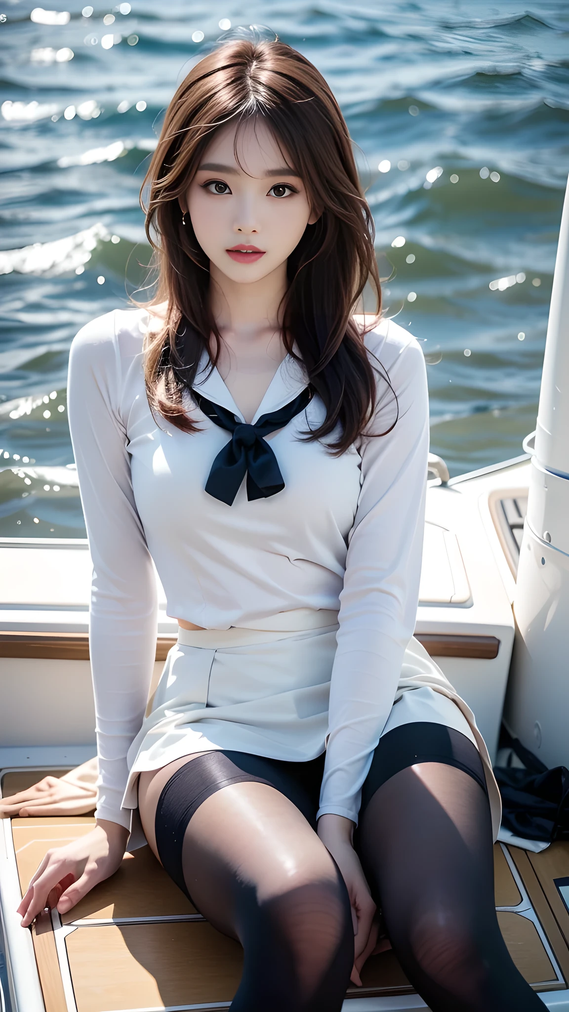 ulzzang-6500-v1.1, (RAW photo: 1.2), (Real photo), (Real photo: 1.4), 1 girl、Perfect anatomy、20 years old、Looking at the camera、Medium length hair、dress, skirt, on a boat, on the quiet sea there is only 1 boat, the waves are fierce, ((on a sailboat: 1.1))、(Hyperrealistic tights: 1.2), (Business service)、Asian eyes Ella,