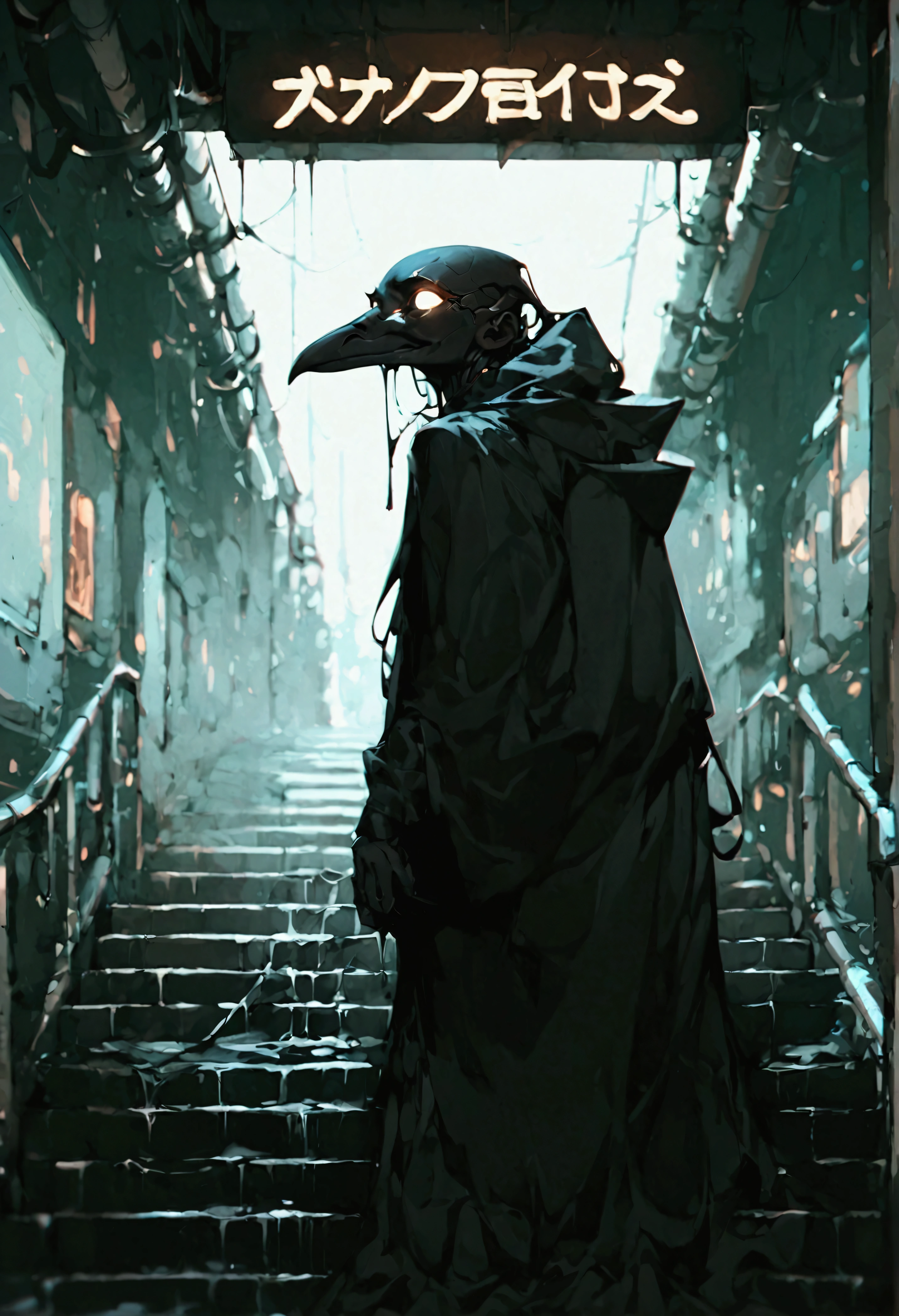 (score_9, score_8_up, score_7_up), zPDXL, 1 shadow, alone, looking at viewer, subway exit background, cyberpunk, abstract dark body, glowing white eyes, black face, black body, full body, his entire black body disembodied, going up the stairs, organic shadow, crows, humanoid figure wrapped in shadows, sinister and threatening figure, glowing eyes stand out in the darkness, almost amorphous dark silhouette, going up stairs, background with pipes and cyberpunk signs, ethereal almost liquid texture, it was made of a dark, viscous substance that drips and spreads, dark aura, black claws, seen from above,