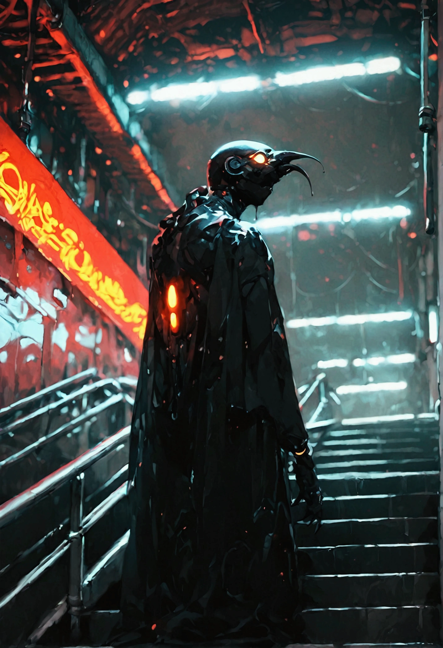 (score_9, score_8_up, score_7_up), zPDXL, 1 shadow, alone, looking at viewer, subway exit background, cyberpunk, abstract dark body, glowing white eyes, black face, black body, full body, his entire black body disembodied, going up the stairs, organic shadow, crows, humanoid figure wrapped in shadows, sinister and threatening figure, glowing eyes stand out in the darkness, almost amorphous dark silhouette, going up stairs, background with pipes and cyberpunk signs, ethereal almost liquid texture, it was made of a dark, viscous substance that drips and spreads, dark aura, black claws, seen from above,