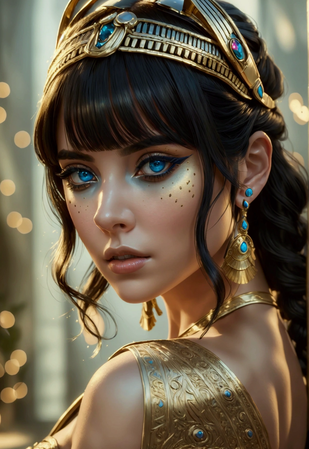 eautiful girl looking back over her shoulder, cleopatra inspired outfit, extremely sensual,full body shot, sheer fabric revealing panties, detailed face and eyes, porcelain skin, flowing hair, elegant posture, dramatic lighting, cinematic composition, rich colors, digital art, photorealistic, (best quality,4k,8k,highres,masterpiece:1.2),ultra-detailed,(realistic,photorealistic,photo-realistic:1.37), in the style of Guillermo del Toro, Fresh, Vibrant, --c 51