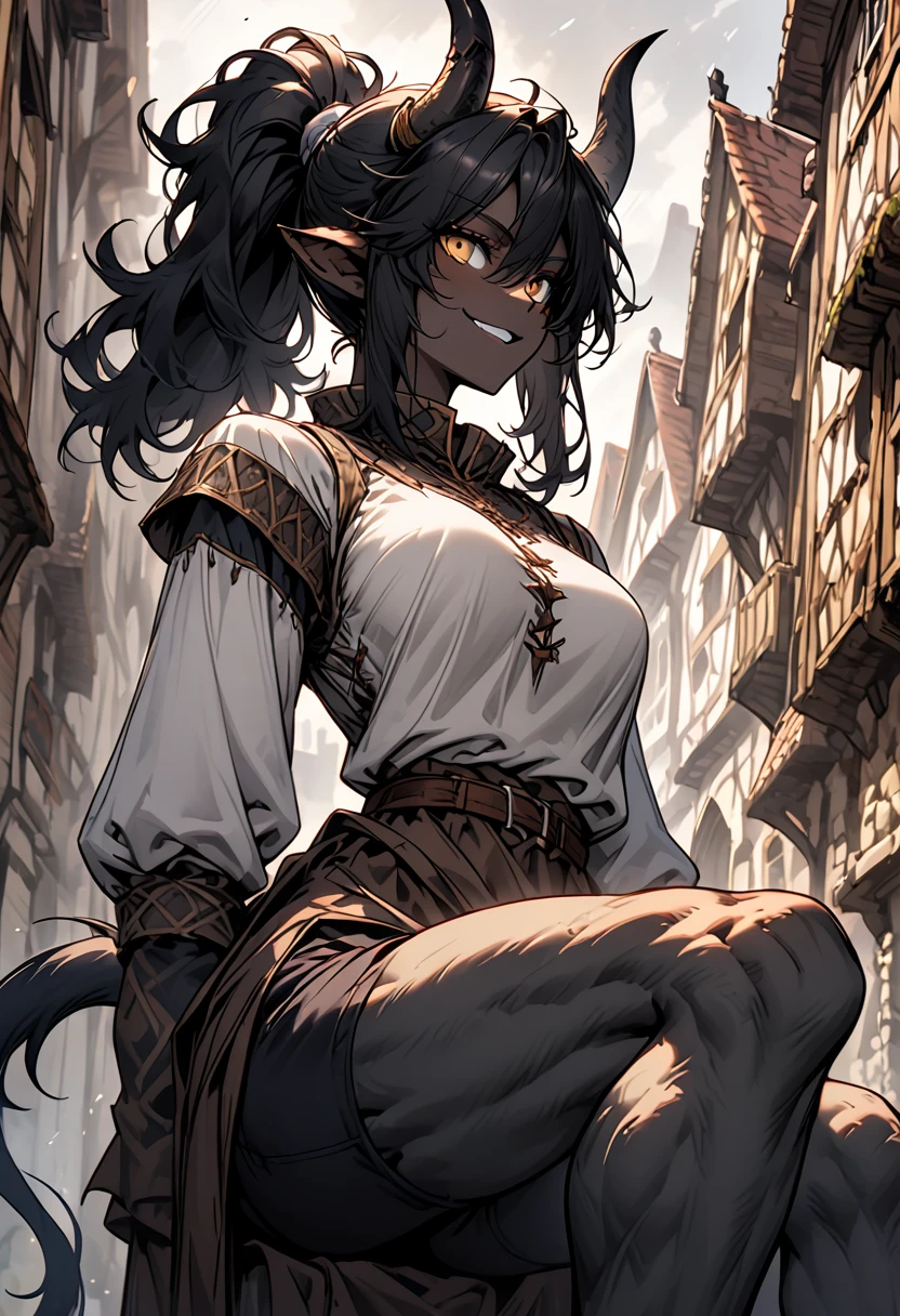 solo, female, close up, deep brown skin, muscular, golden eyes, wild hair, black hair, medium hair, ponytail, curly hair, broad shoulders, curved black horns, very tall, large breasts, simple tight medieval shirt, tight-fitting shorts, medieval, town, cow tail:1.4, furry leg below the knee, minotaur girl, tomboy, cocky smile, young