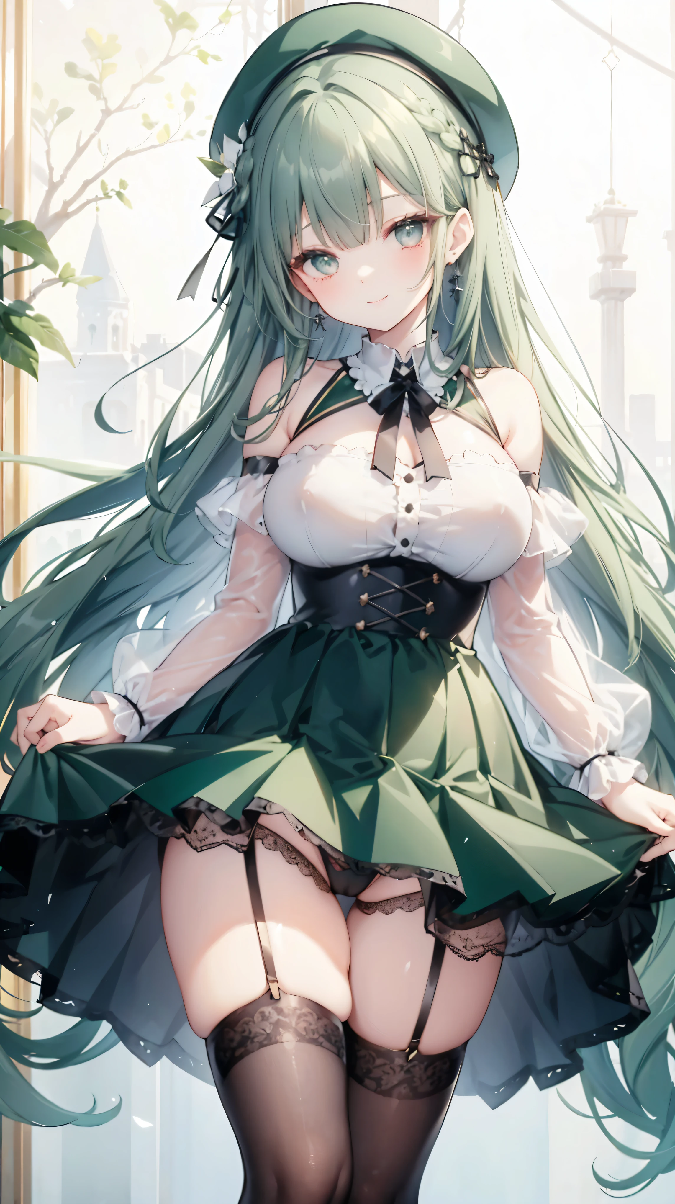 Thick dark green hair、Dark green long hair、Straight bangs、Braid、White Beret、hair ornaments、Drooping eyes、Silver Eyes、smile、earrings、Shoulder Bare、Big Breasts、ribbon、White clothes、See-through、skirt、Black tights、Black garter belt、Italy