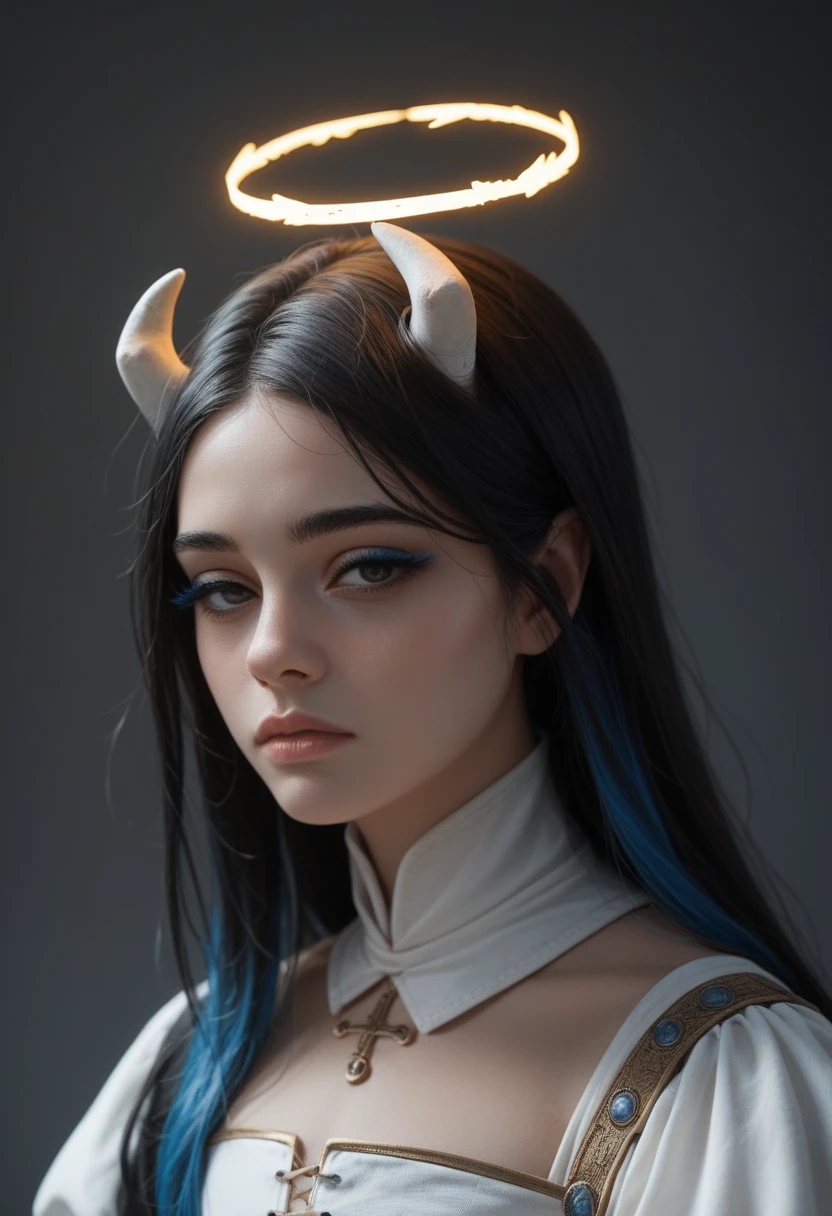 1womanl, blank expression, detailedeyes, eyes half closed, black hair and blue highlights, black eyelash, colored eyelashes, coloured background, rim lighting, beautiful lighting, looking ahead at viewer, 1womanl, girly face, medieval clothes, fallen Angel, dark halo, dripping down, small rounded horns