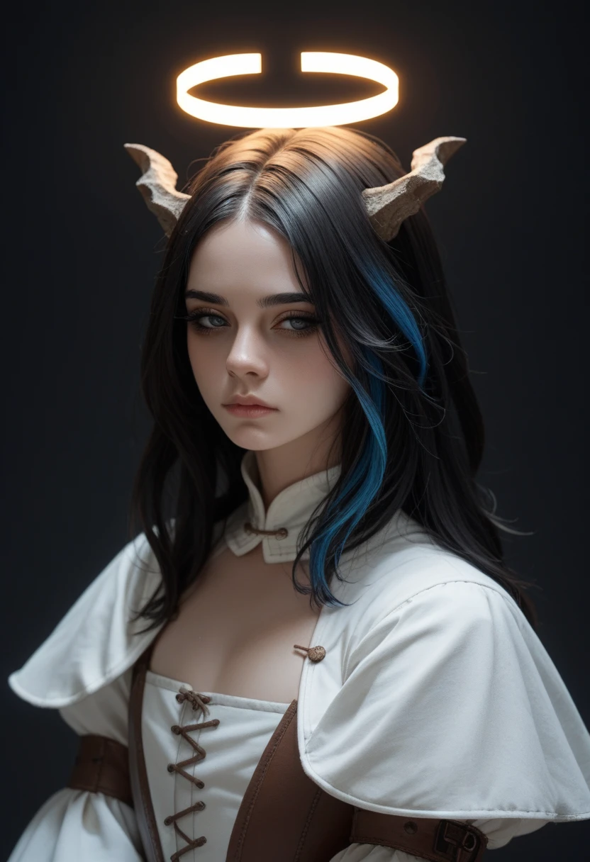 1womanl, blank expression, detailedeyes, eyes half closed, black hair and blue highlights, black eyelash, colored eyelashes, coloured background, rim lighting, beautiful lighting, looking ahead at viewer, 1womanl, girly face, medieval clothes, fallen Angel, dark halo, dripping down, small rounded horns