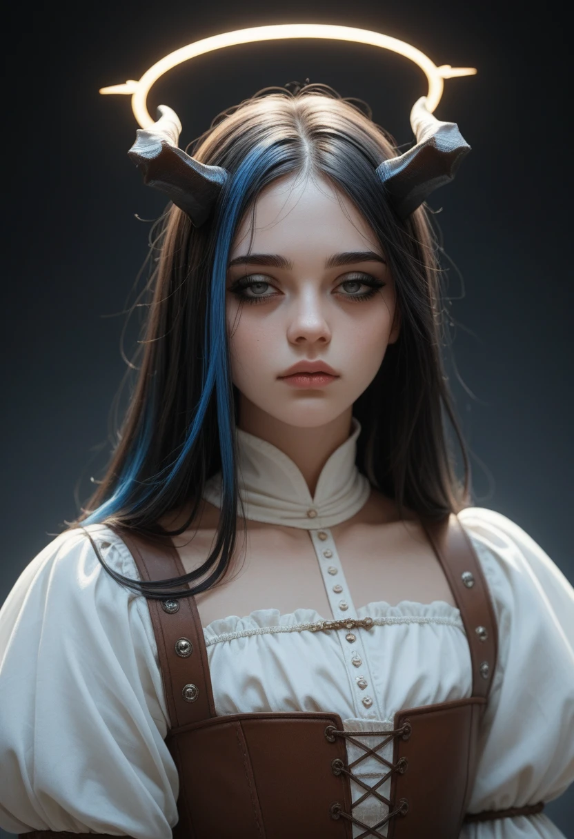 1womanl, blank expression, detailedeyes, eyes half closed, black hair and blue highlights, black eyelash, colored eyelashes, coloured background, rim lighting, beautiful lighting, looking ahead at viewer, 1womanl, girly face, medieval clothes, fallen Angel, dark halo, dripping down, small rounded horns