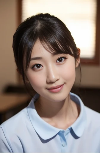 (Highest quality、Tabletop、8k、Best image quality、Award-winning works)、Beautiful woman、female portrait photography、Glowing Skin、Standing Elegantly、(School classroom:1.2)、Perfect Face、Beautiful and shining eyes、(Staring at me with a blank look:1.2)、Sweaty face、Glowing Beautiful Skin、Perfect Makeup、 Short black hair