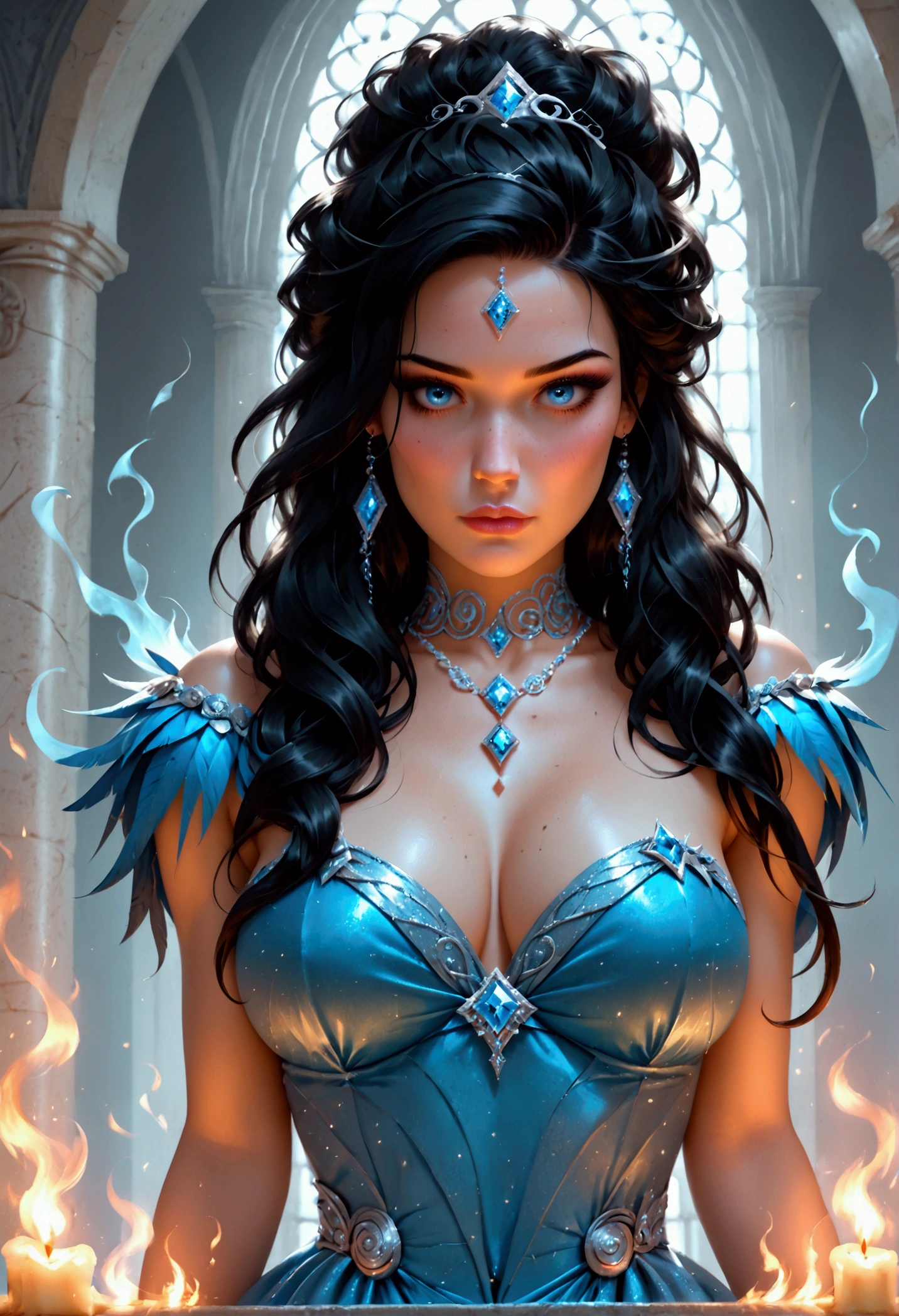 a glamour picture shot, of an elite model covered in fire walking on a icy catwalk, an extraordinary glamourous elite female model, ((full body: 1.5)),  ((anatomically correct: 1.5), (ultra detailed face: 1.2), best detailed face, black hair, long hair, lush hair, glam hair cut, blue eyes, delicate face, light make up, wearing intricate detailed dress, glamour dress, haute couture dress, elite fashion dress, dynamic color dress,  FireMagicAI,  small cleavage, busty wearing high heels, elegant high heels, she wears diamond necklace, she is covered in fire, she walks on an icy catwalk, image reflecting in the ice IceMagicAI, elite fashion show background, vibrant, Hyperrealism style, vibrant, Ultra-high resolution, High Contrast, (masterpiece:1.5), highest quality, Best aesthetics), best details, best quality, highres, ultra wide angle, 16k, [ultra detailed], masterpiece, best quality, (extremely detailed) RAW, FireMagicAI, IceMagicAI, Dark Art Painting Style