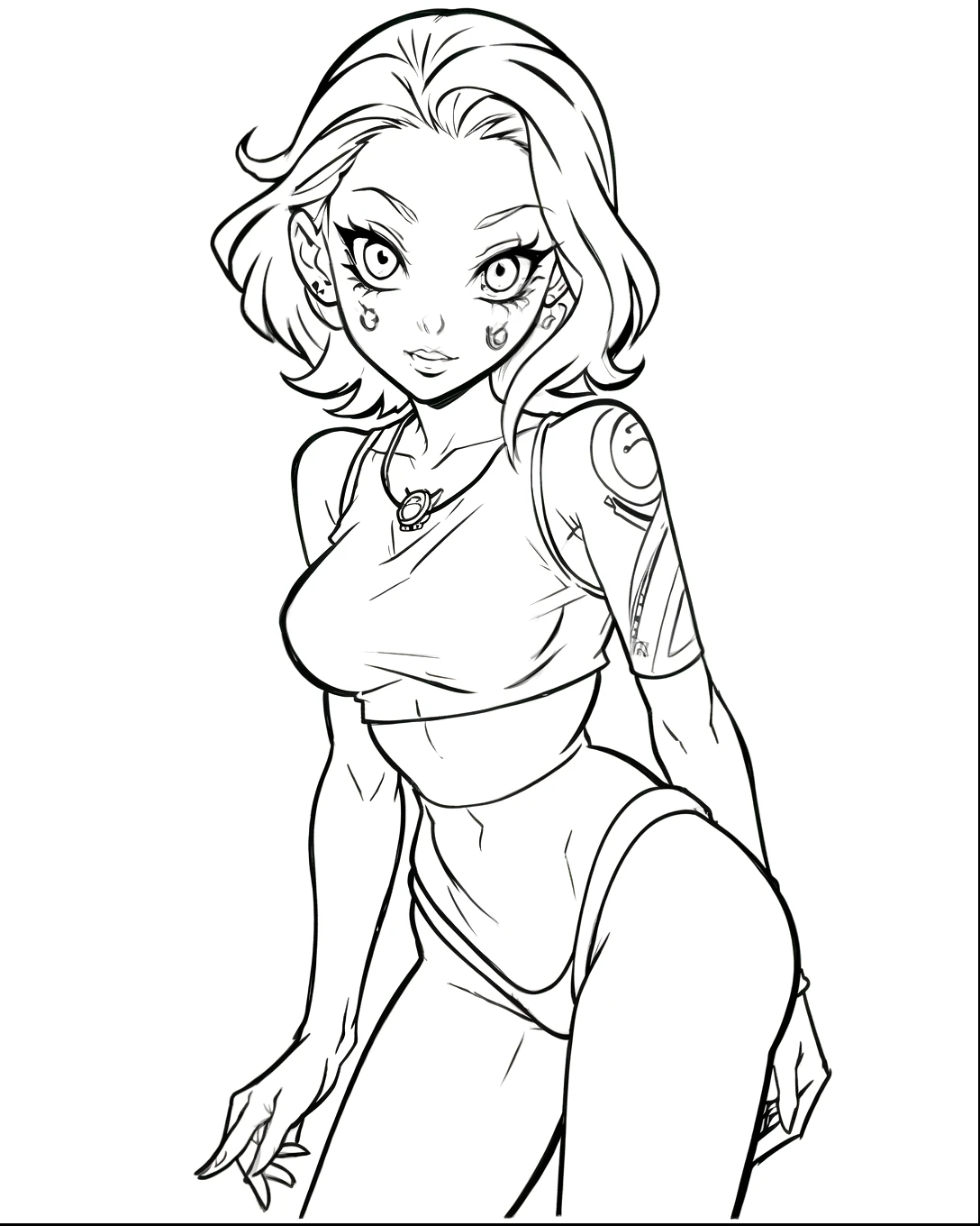 Coloring page for kids, a pin-up girl tattoo, standing, complete body, for coloring
books, simple line, high contrast, white background
