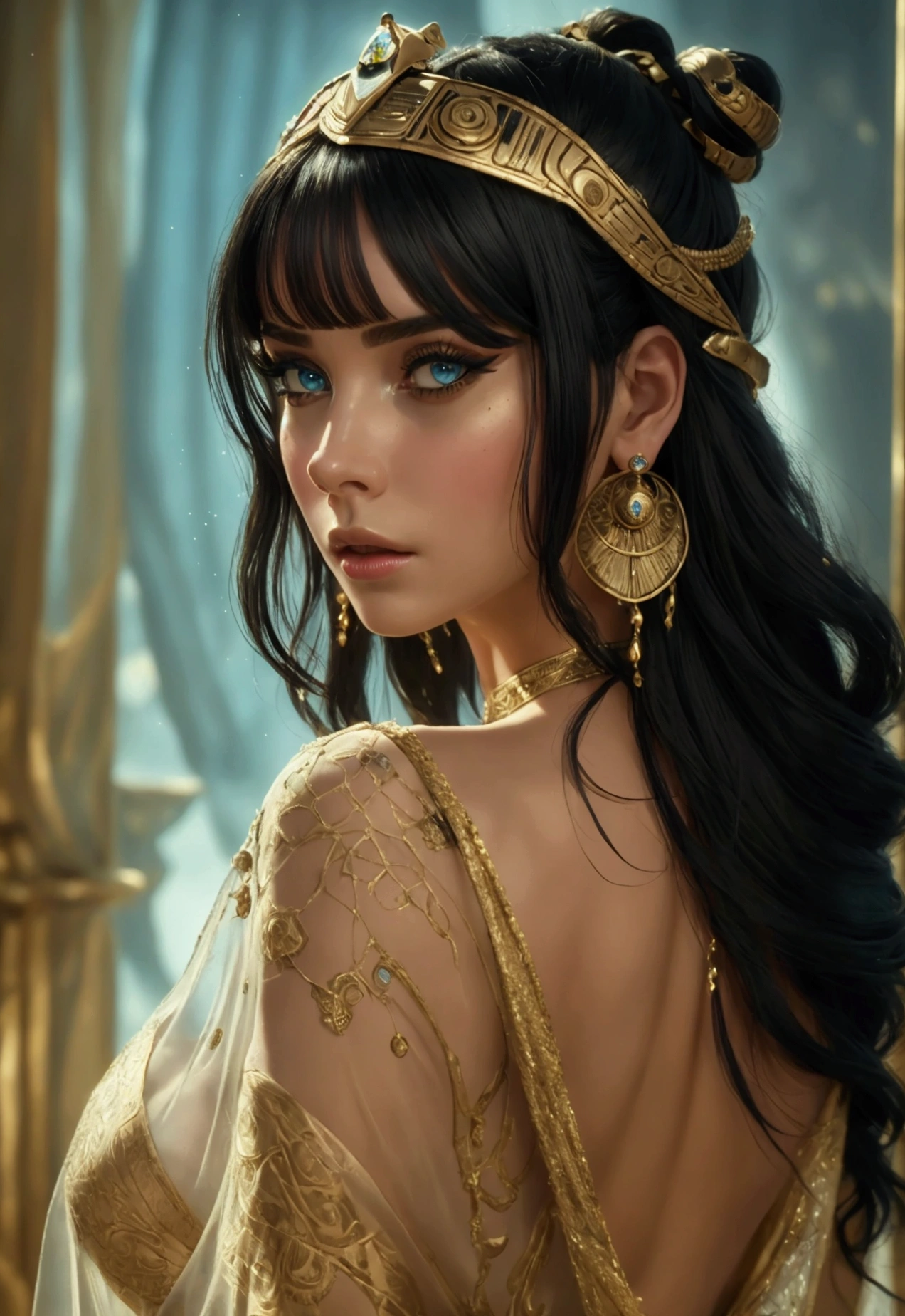 eautiful girl looking back over her shoulder, cleopatra inspired outfit, extremely sensual,full body shot, sheer fabric revealing panties, detailed face and eyes, porcelain skin, flowing hair, elegant posture, dramatic lighting, cinematic composition, rich colors, digital art, photorealistic, (best quality,4k,8k,highres,masterpiece:1.2),ultra-detailed,(realistic,photorealistic,photo-realistic:1.37), in the style of Guillermo del Toro, Fresh, Vibrant, --c 51