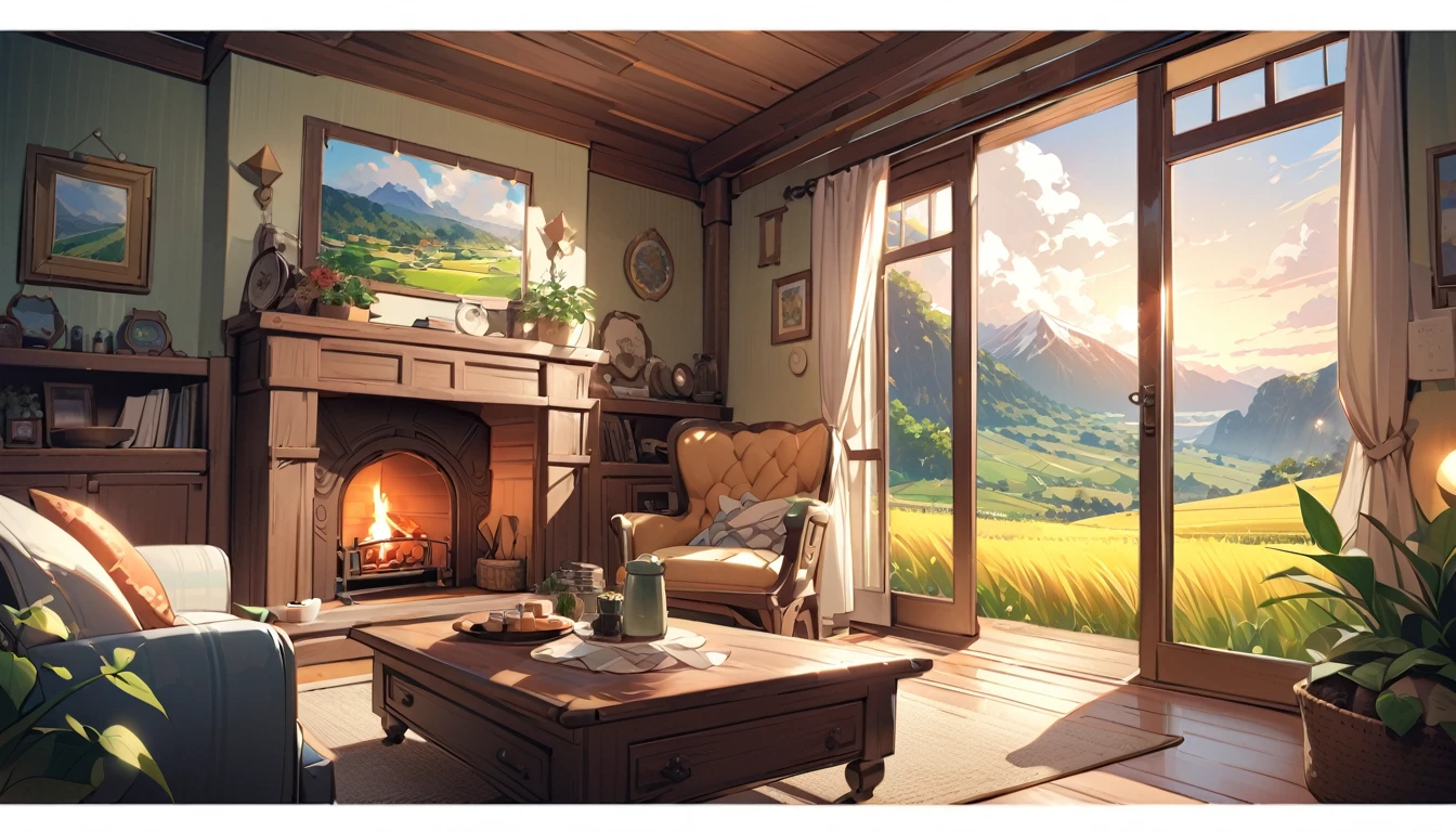 「A fantastical, cartoon-like scene of a rural landscape seen from the living room。Through the big window、The lush countryside spreads out。In the living room、Cozy fireplace and comfy sofas、There is a wooden coffee table in front。Outside the window, rolling green hills and golden wheat fields spread out before you.、In the distance, windmills and small farms are scattered.、White clouds flow slowly in the sky、Harmonizing the tranquil beauty of nature。To match your living room decor、evening