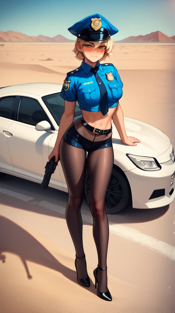  score_9_up, score_8_up, score_7_up, 2D style, blond short hair, with big breast, lean body, wearing police costume, standing, sexy pose, looking at viewer, black tights, blush on face, seductive_pose, hight heels, outside, sky, sand, car nearby, asphalt road near, desert background