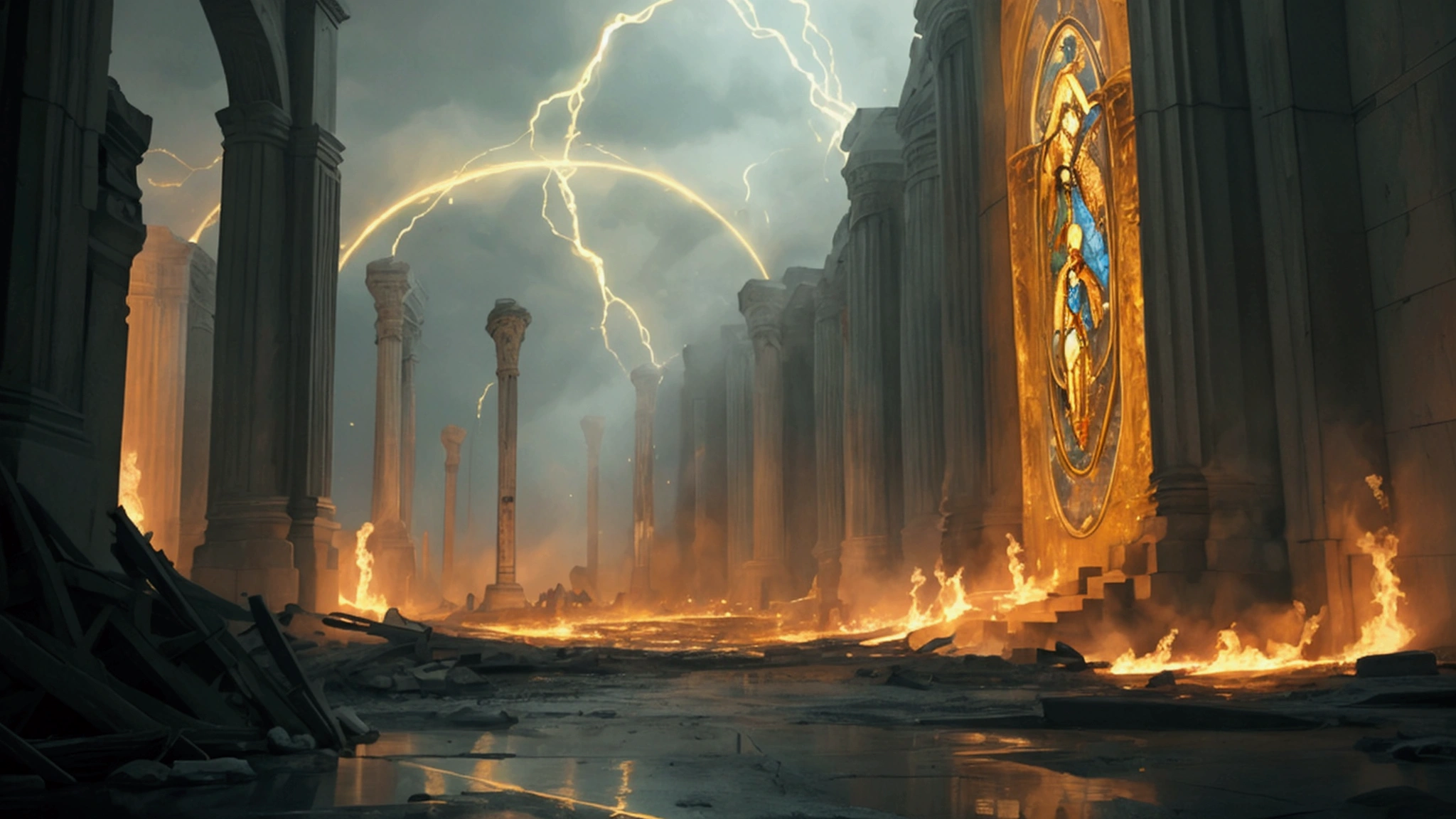 "Description: Illustrate a scene that pieces together a comprehensive picture of the end times using prophecies from the Book of Revelation, Daniel, and Ezekiel. Show a montage of key prophetic scenes, with connections drawn between the texts to form a cohesive narrative.
Details: Use a dynamic composition with interwoven imagery from the different prophetic books. Include elements such as Daniel's visions of beasts, Ezekiel's wheels within wheels, and Revelation's cosmic upheavals. Use connecting lines or light effects to link related themes and symbols across the texts. Show expressions of realization and discovery on the faces of those studying these connections, symbolizing the unveiling of a deeper understanding of the end times."