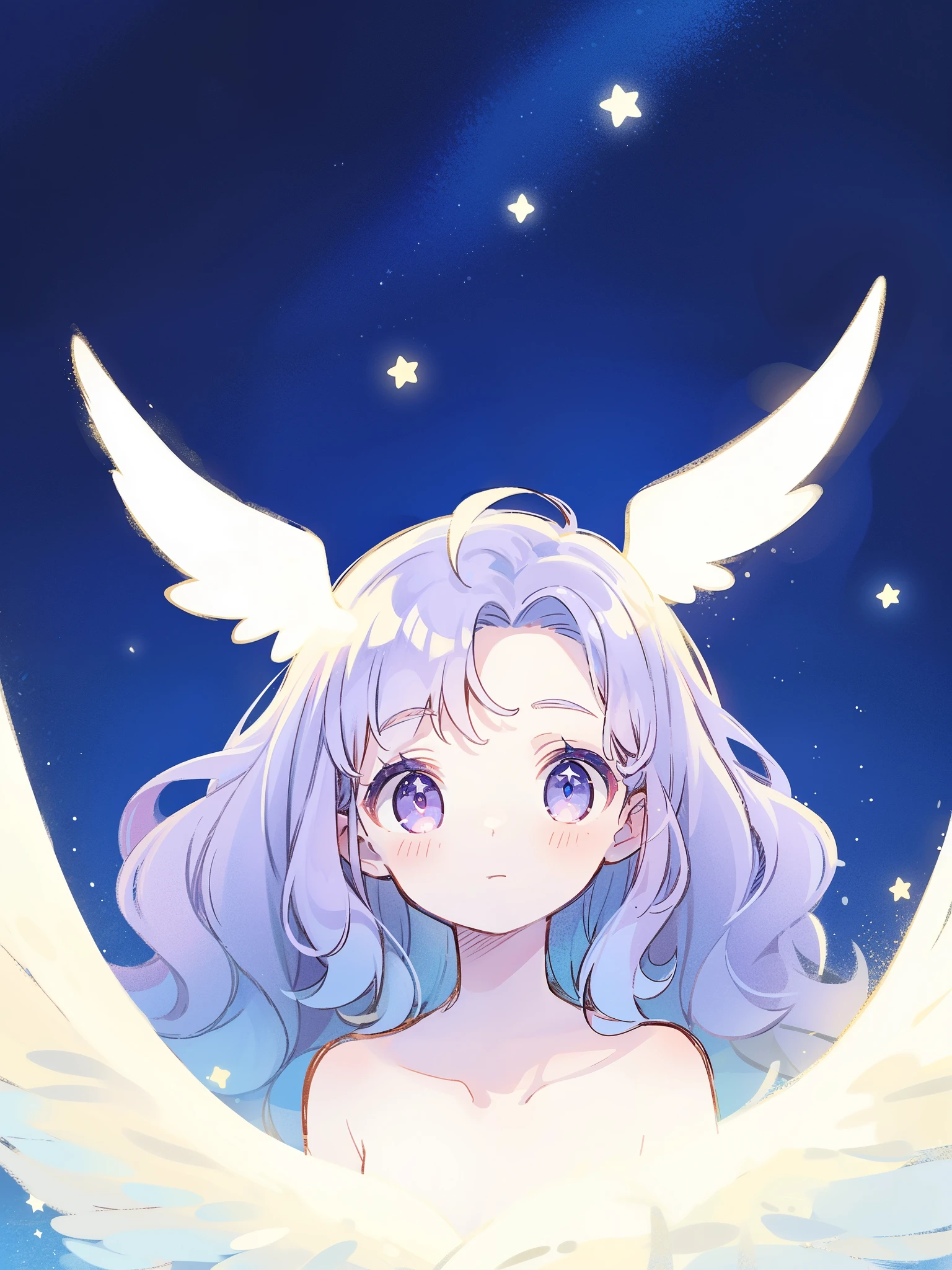 nude angel girl wearing an ethereal translucent dress, pale skin, ((wavy gradient blue purple hair)), white feathers, angel wings, sparkling detailed eyes, golden ratio face, perfect composition, highly detailed, ethereal, (starry night sky background), midjourney style