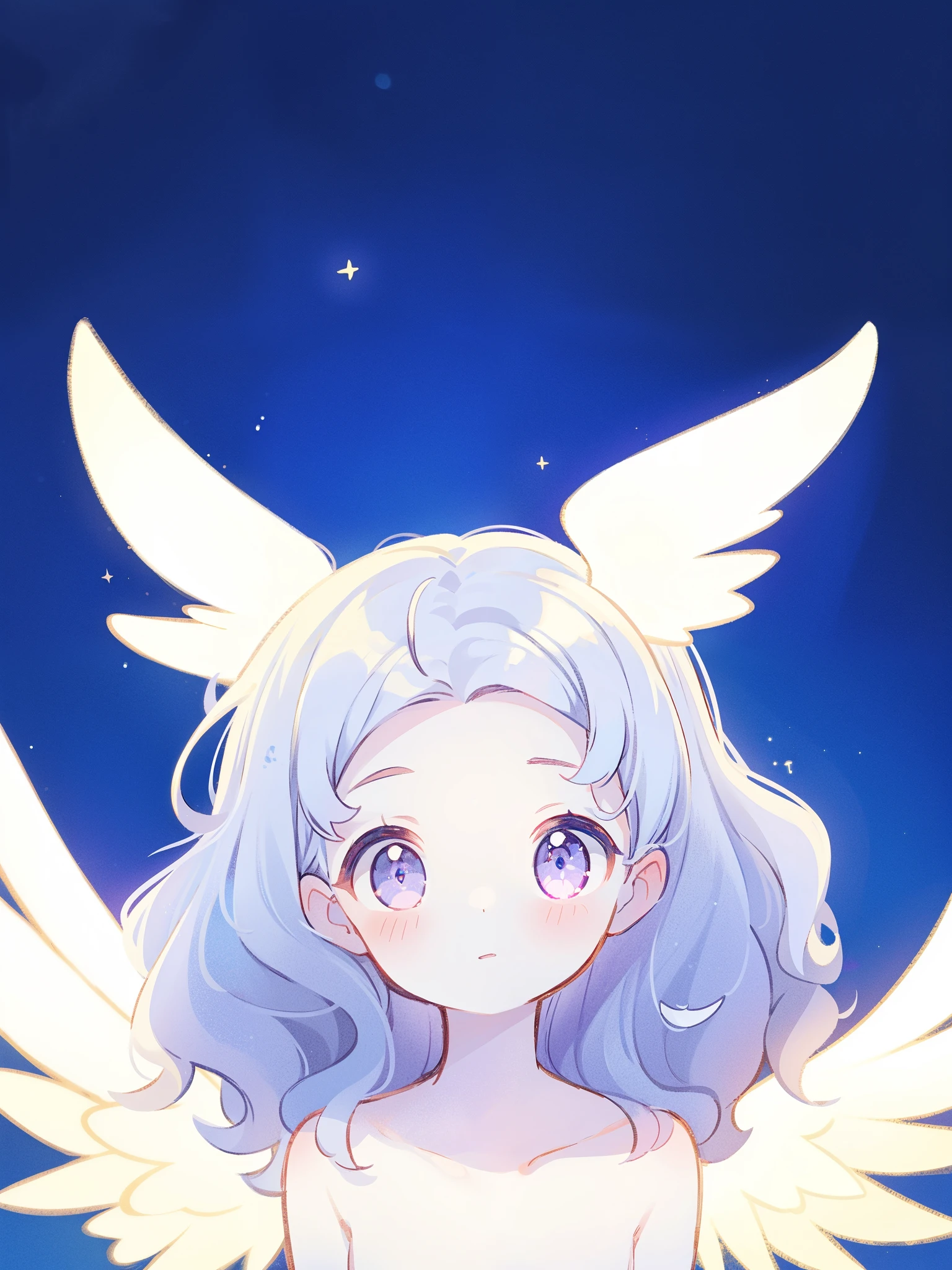 nude angel girl wearing an ethereal translucent dress, pale skin, ((wavy gradient blue purple hair)), white feathers, angel wings, sparkling detailed eyes, golden ratio face, perfect composition, highly detailed, ethereal, (starry night sky background), midjourney style