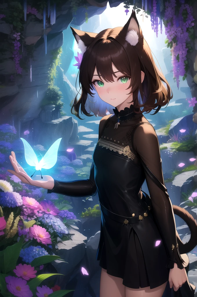 masterpiece, best quality, highres, 1girl, solo,
BREAK
depth of field, rim lighting, flowers, petals,
crystals, cave, butterfly, vegetation, aura, magic,
BREAK
raifu, brown hair, green eyes, wavy hair, cat ears, blush,
(medium breasts:0.8), mature female, short low cut black dress