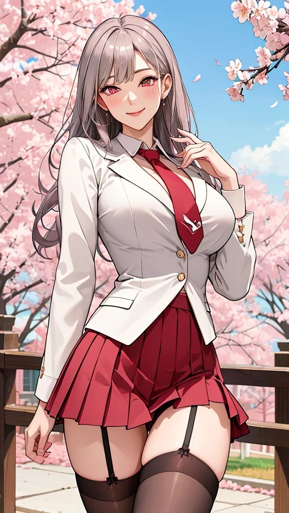 (masterpiece), best quality, highres, blush stickers, long hair, large breasts, green skirt, pleated skirt, red necktie, garter belt, garter straps, white shirt, long sleeves, grey jacket, reaching out, smile, cherry blossoms, outdoors, cowboy shot, large breasts, up skirt, panties, showing panties, blush, sexy, athletic body, silverd hair, pink eyes, red panties, brown thighhighs, mature woman, bursting breasts, beautiful face, beautiful eyes