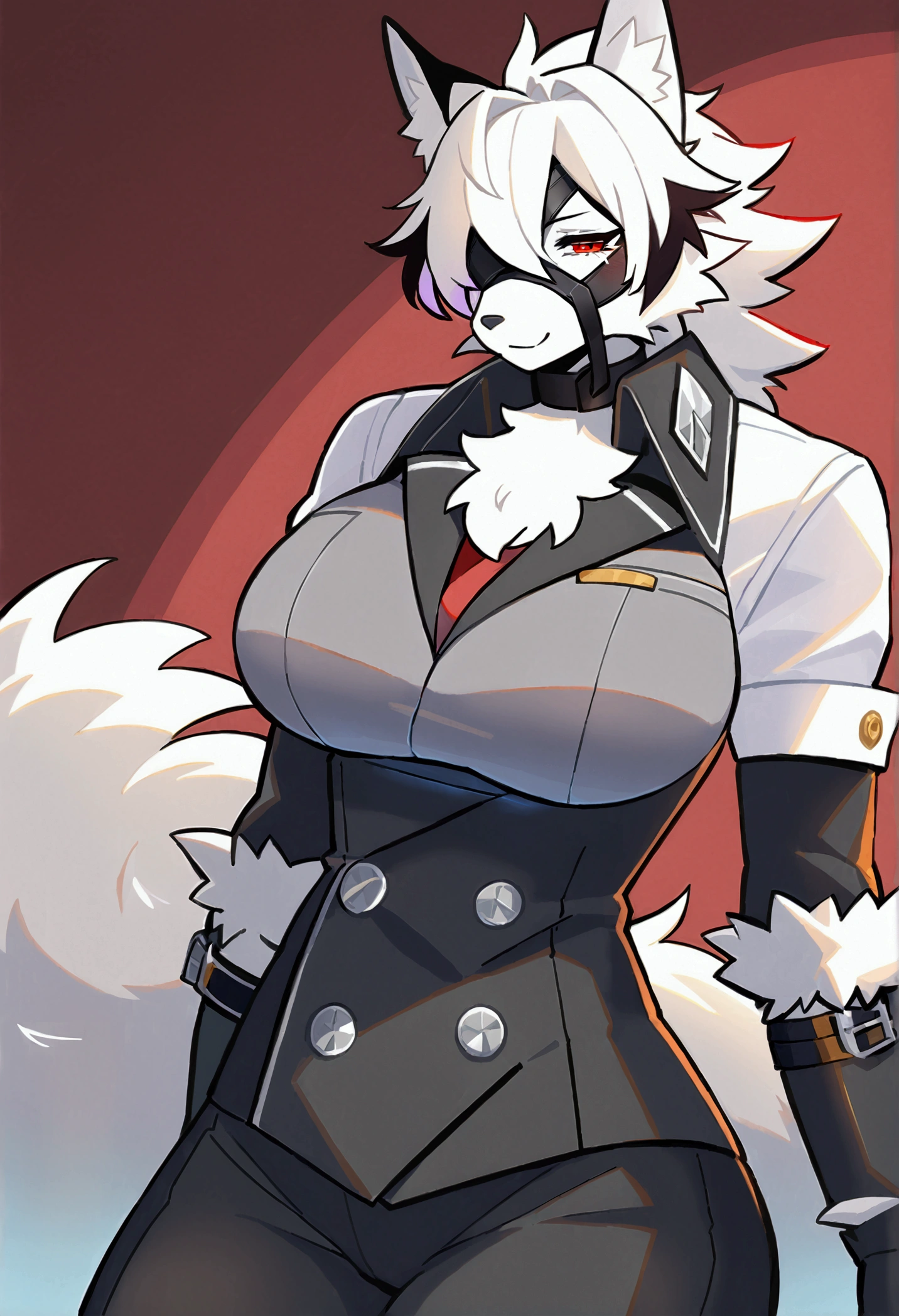 top quality, best quality, by yamame513, High-quality illustrations, masterpiece, uploaded on e621)(kemono, furry, anthro, alone), Zenless Zone Zero, round, 1 female, hot mother figure, very detailed body face and eyes, white wolf, Von Lycaon, (Zenless Zone Zero), white fur, fluffy, big breasts, tail, perfect eyes, red eyes, eye patch, butler clothes, room, body movement, body twitching, shy smile, red blushing, looking at viewer,
